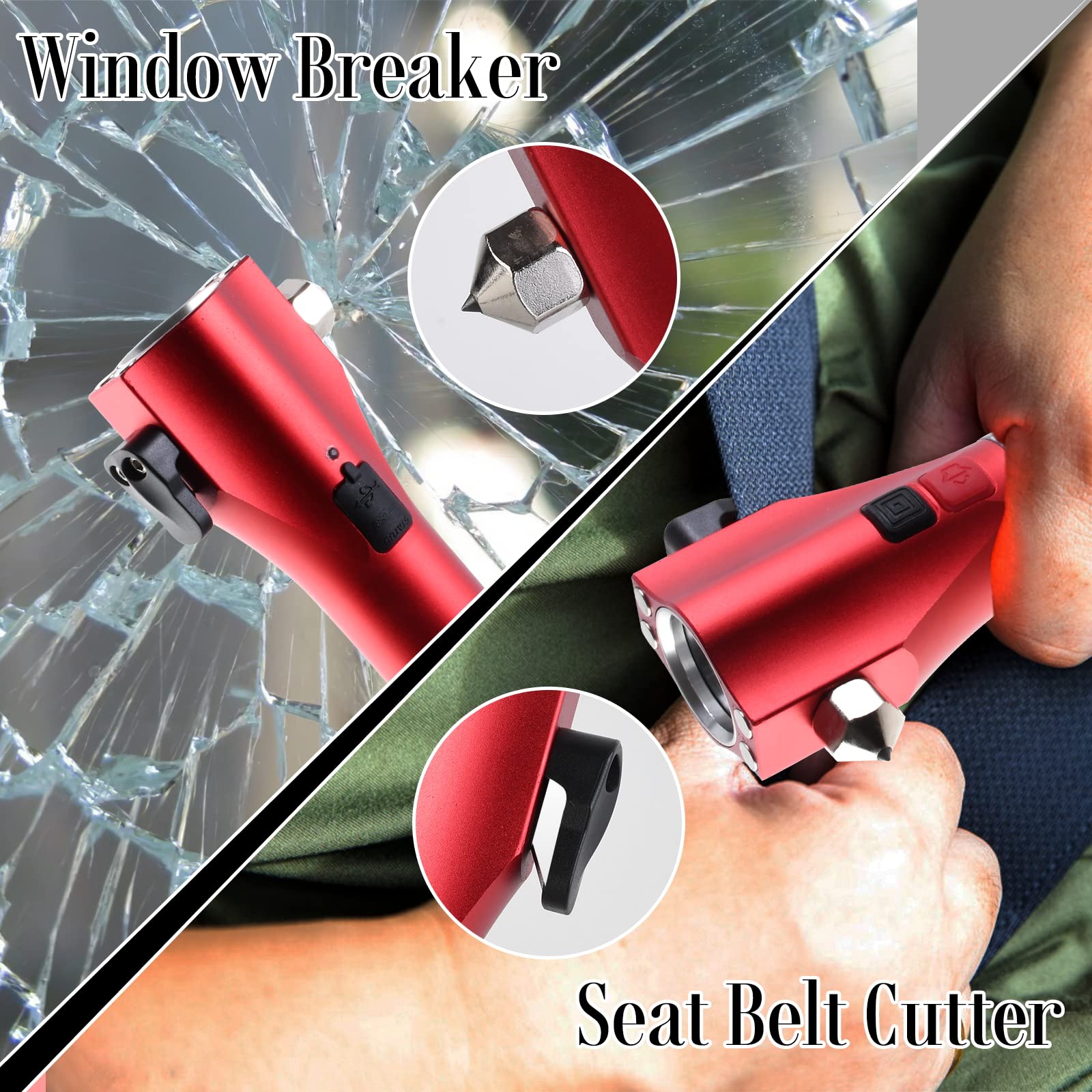 Unicumoo Solar Flashlight - Rechargeable LED Emergency Light with Window Breaker & Seatbelt Cutter, Waterproof, Red