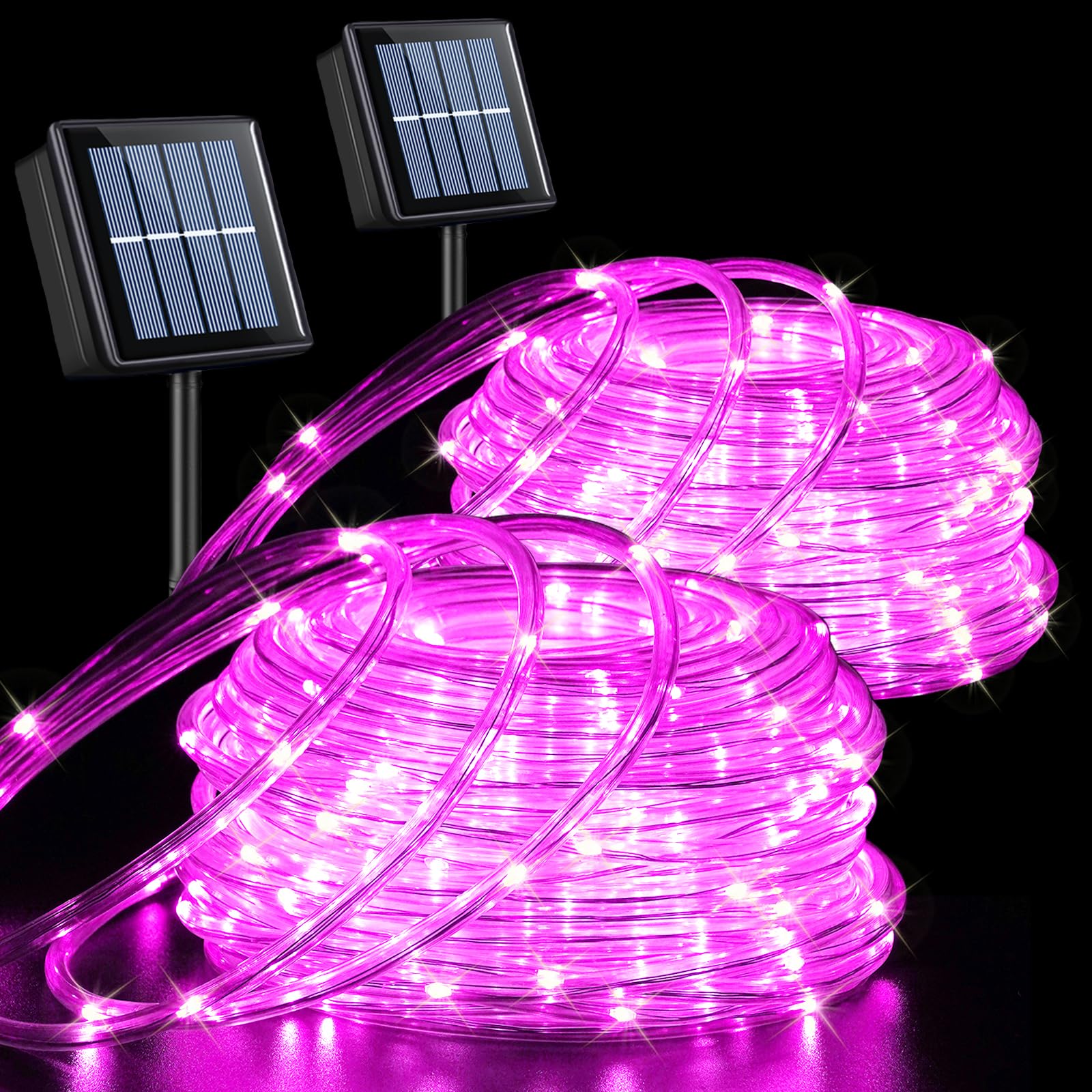 Qitong Pink Solar Rope Lights Outdoor Waterproof, 2 Pack Each 33Ft 100 Led Christmas String Lights, Fairy Lights In Clear Thin T