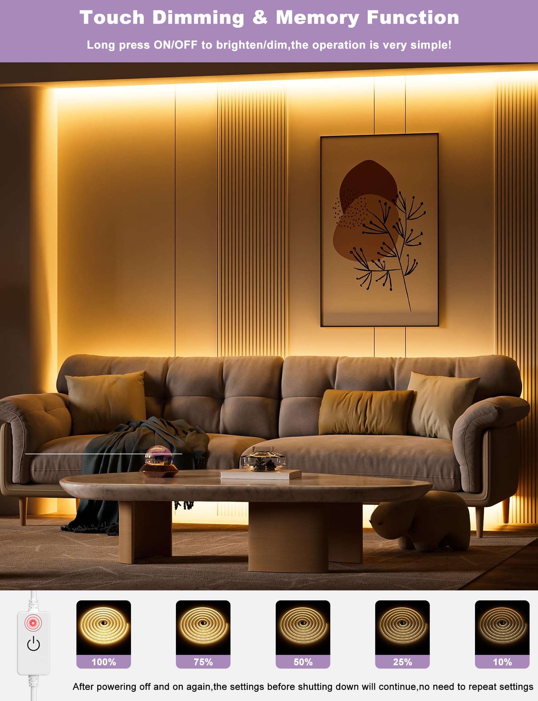 Miwise Led Strip Lights,Super Bright 5V Usb Cob Tape Light 9.84Ft/3M 2700K Warm White With Touch Dimmer Switch,Cri90+ Flexible D