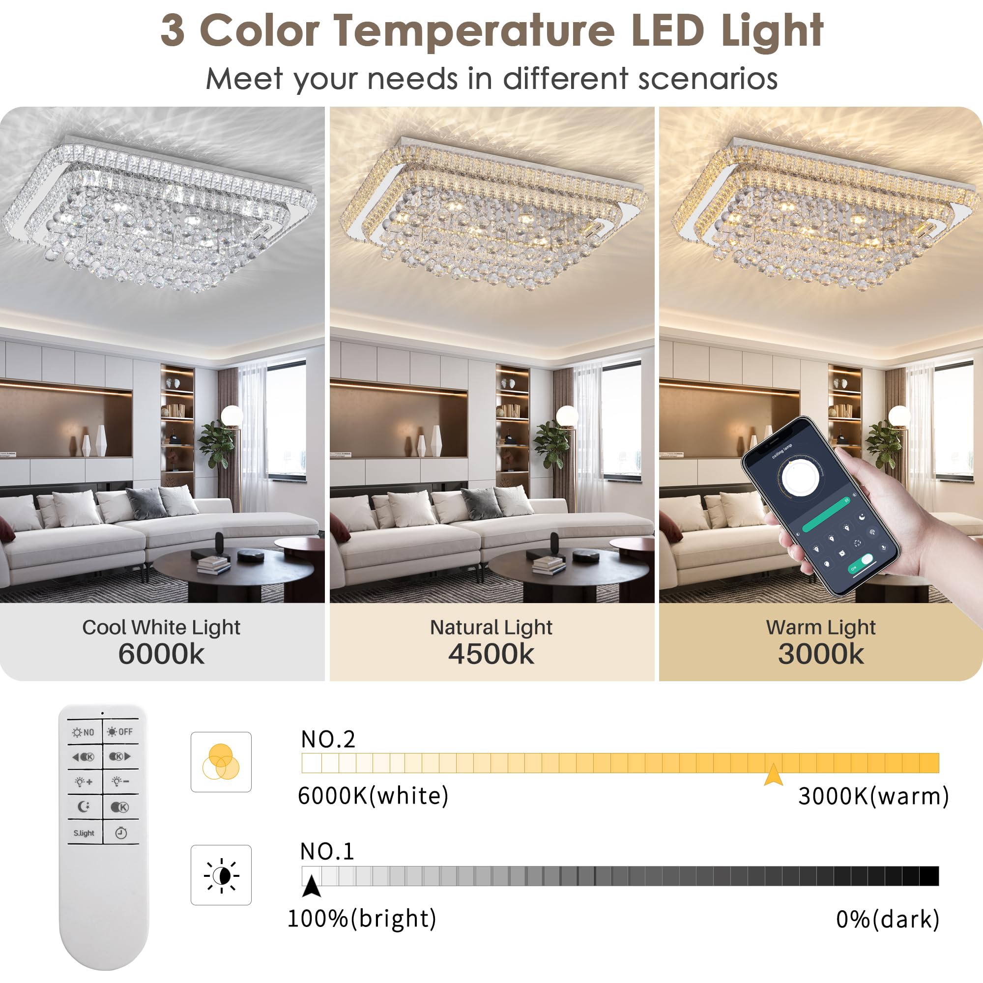 32 inch Crystal Flush Mount Chandelier, Modern Raindrop Crystal Silver Chandeliers with Remote and APP, 3 Colors Temp & Brightne