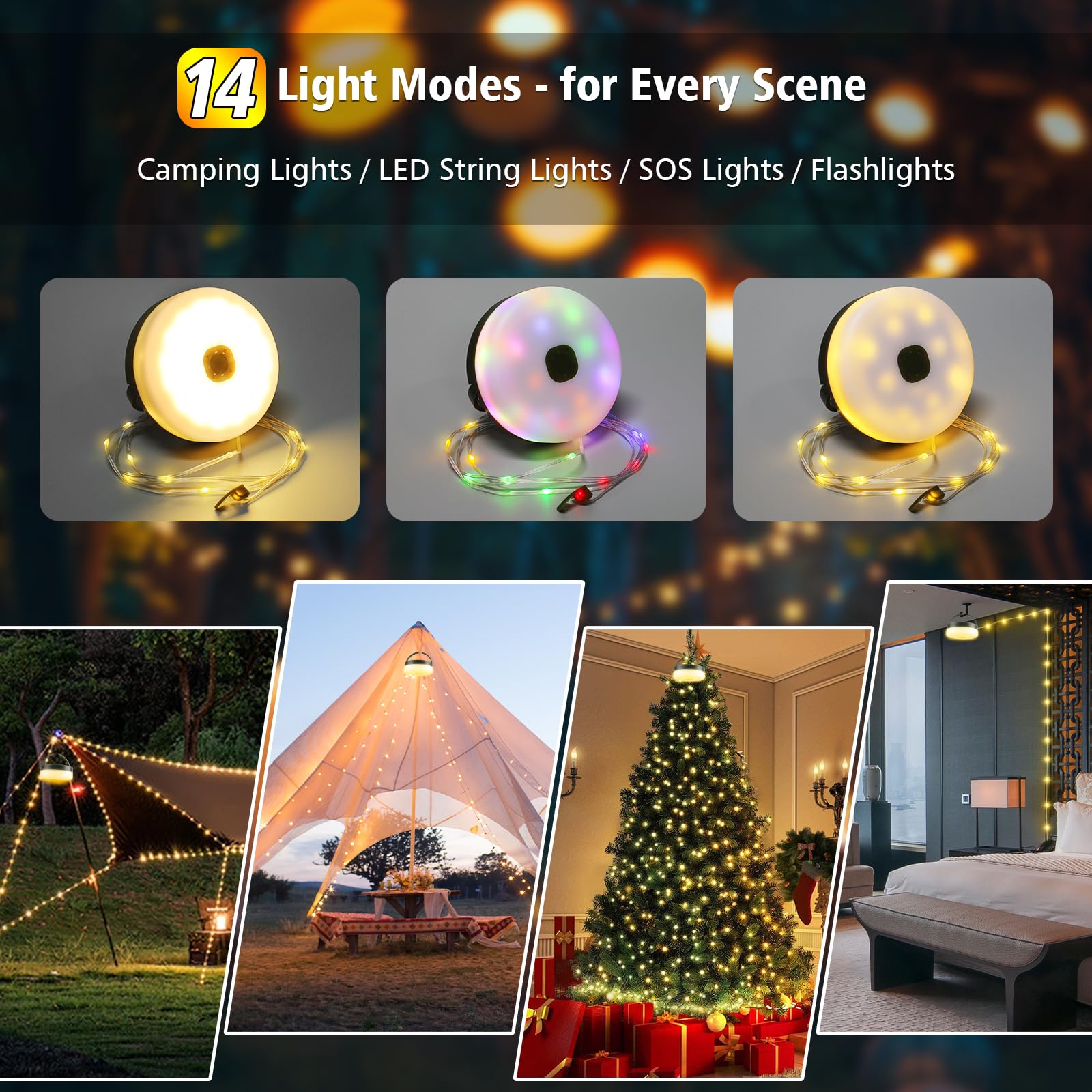 MGYIF Camping String Lights, 33ft Rechargeable 100 LED, Waterproof, 14 Lighting Modes, Remote Control, 1 Pack