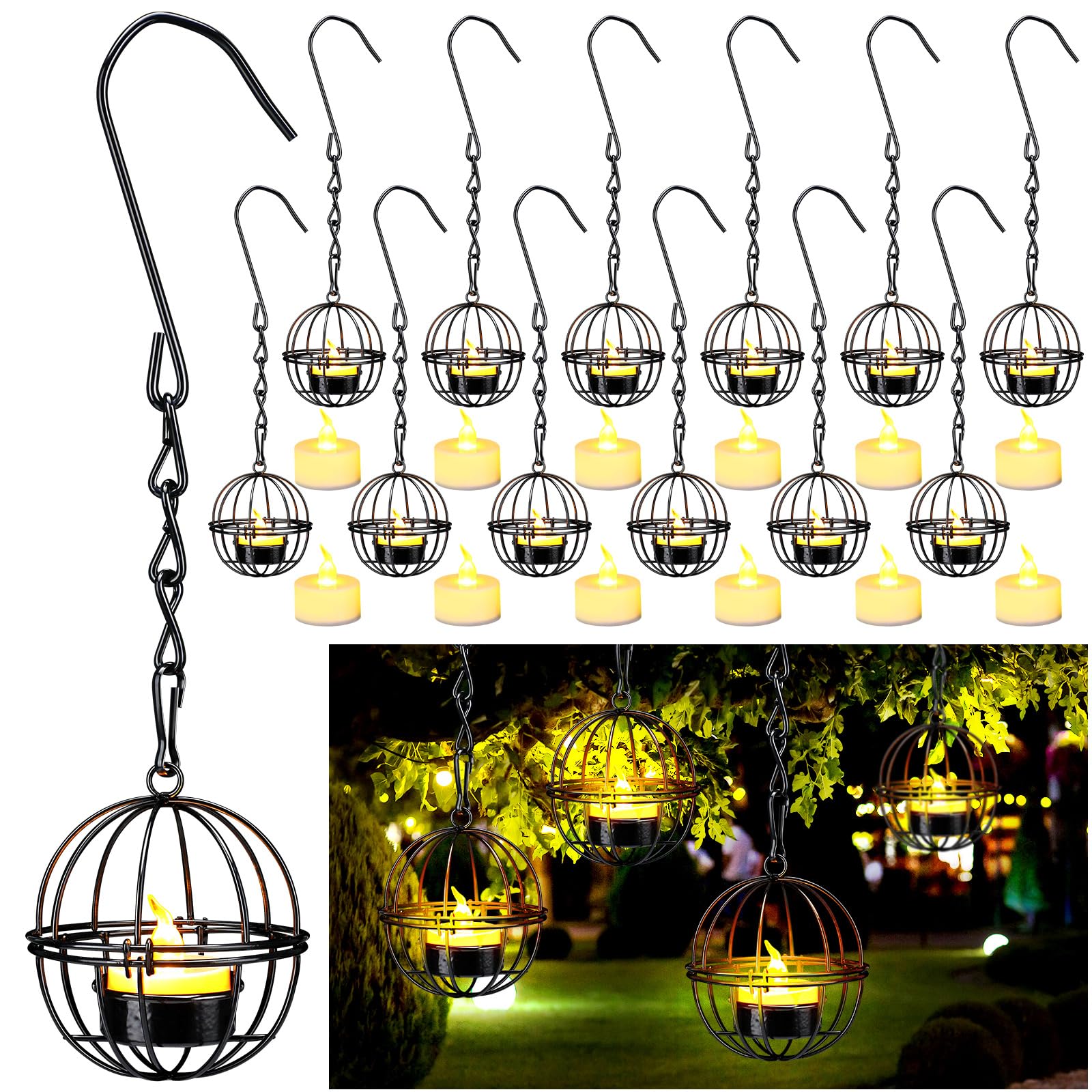 Retisee 12 Set Hanging Tealight Candle Holder Outdoor Hanging Vintage Lanterns Candle Holder with Tea Lights for Home Garden Bac