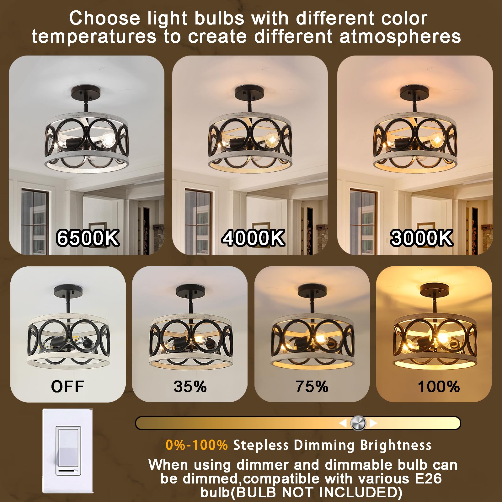 Qianzhan Farmhouse Semi Flush Mount Ceiling Light,3-Light Industry Oak White Sloped Ceiling Light Fixtures D13 Inches Rustic Met