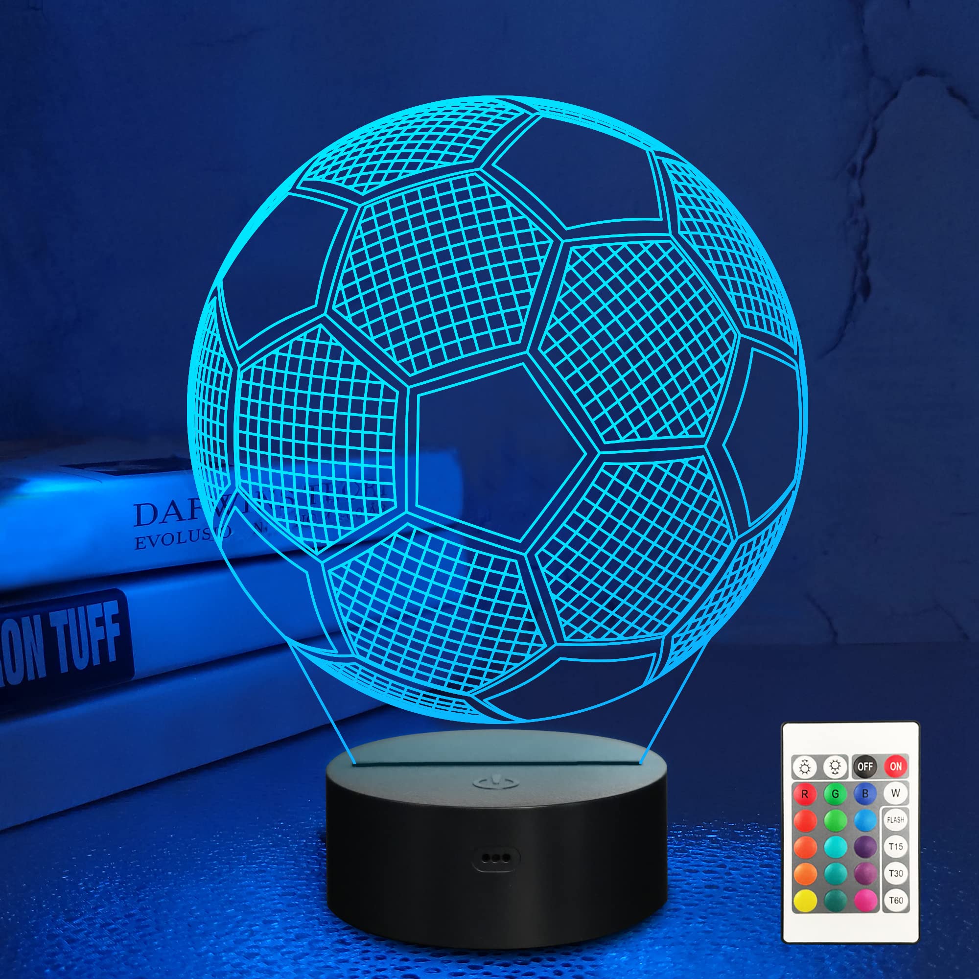 Lampeez Soccer Night Lights for Kids 3D Illusion Football Lights 16 LED Remote Color Changing Touch Table Desk Lamps Decor Birth