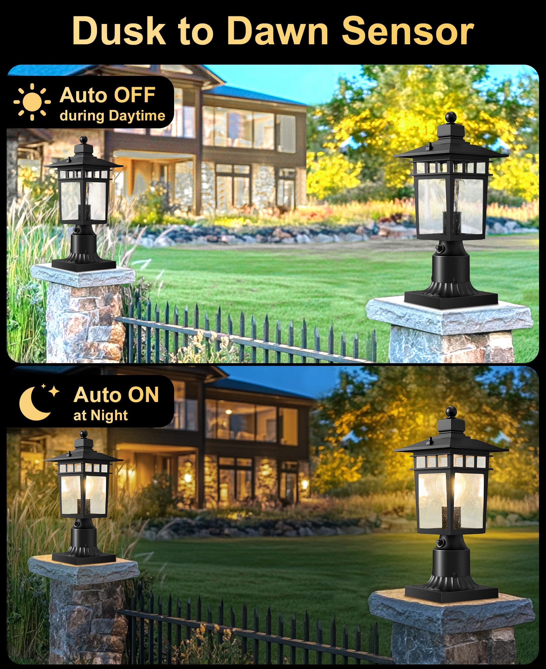 APOTO Dusk to Dawn Outdoor Post Light Fixture, 14.2-Inch Aluminum, Black, Hard Wired, 1-Pack