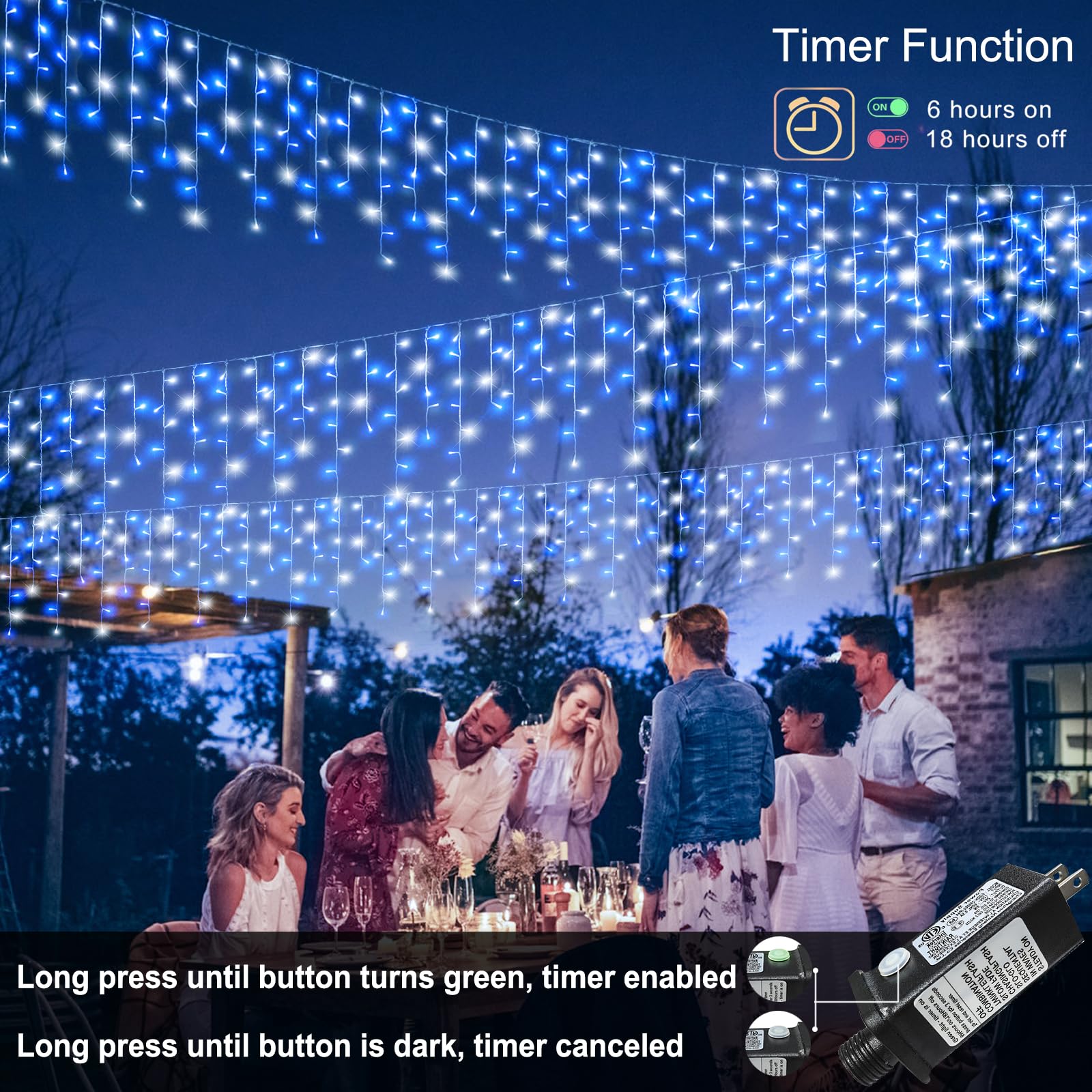 99Ft Blue And White Christmas Lights  1216 Led Icicle Lights For Outside House Clear Wire Twinkle Light With 8 Modes Timer Waterproof For Window Party Tree Holiday Patio Yard Home Decor