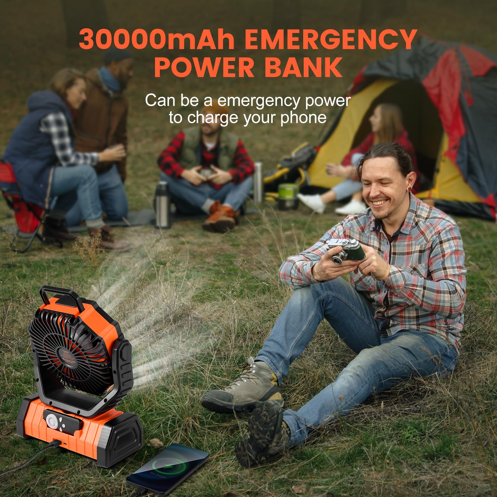 Odoland 30000mAh Camping Fan with LED Lantern, Portable, 4 Speeds, 11.2x8.7x4.3 inches, Orange, Model OD06671O