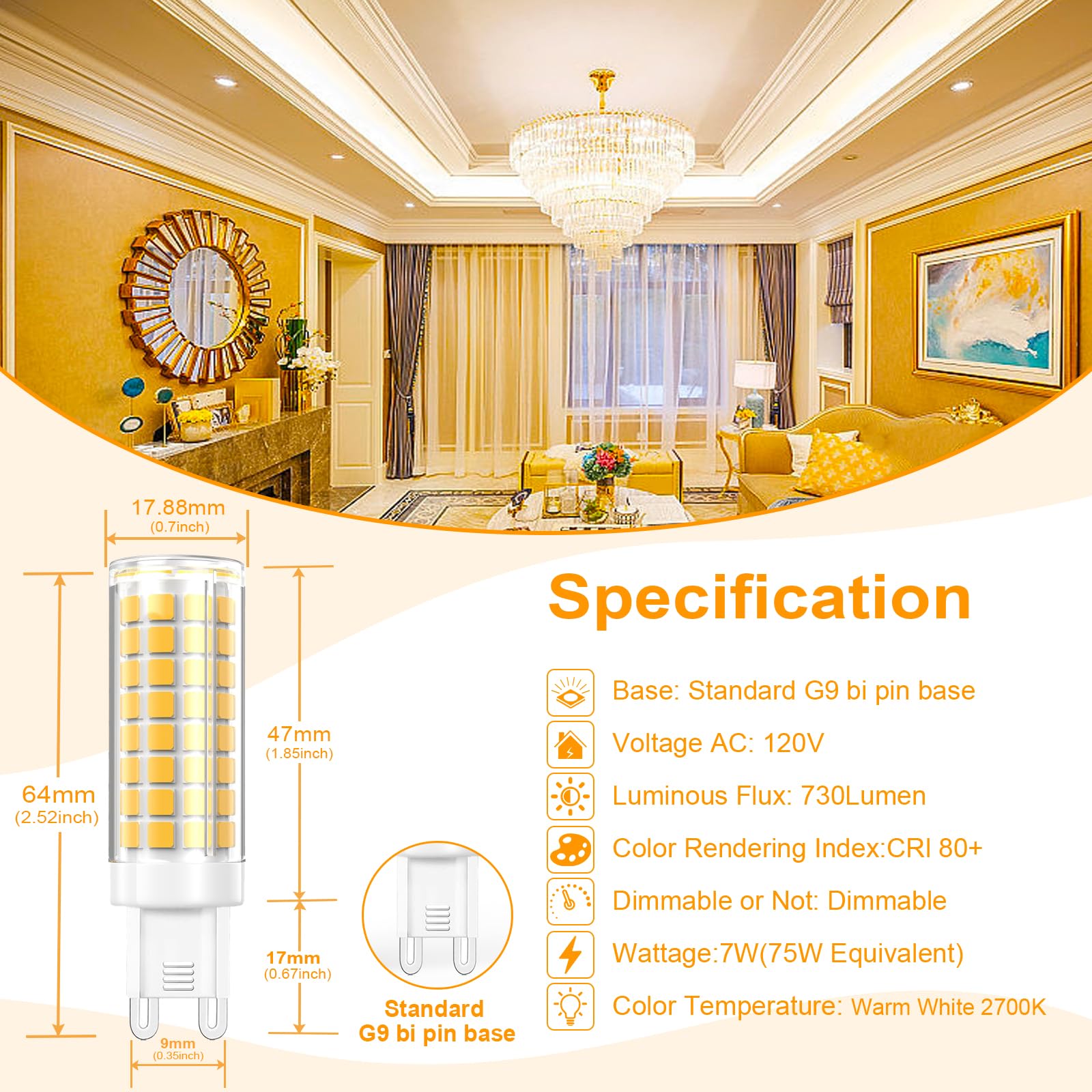 Vyaomli G9 Led Light Bulbs Dimmable 7W Equivalent To Halogen Bulb 75W-80W 730Lm  G9 Bi-Pin Base Light Bulb Ac 120V For Kitchen Chandelier Home Lighting (Warm White  5 Pack)