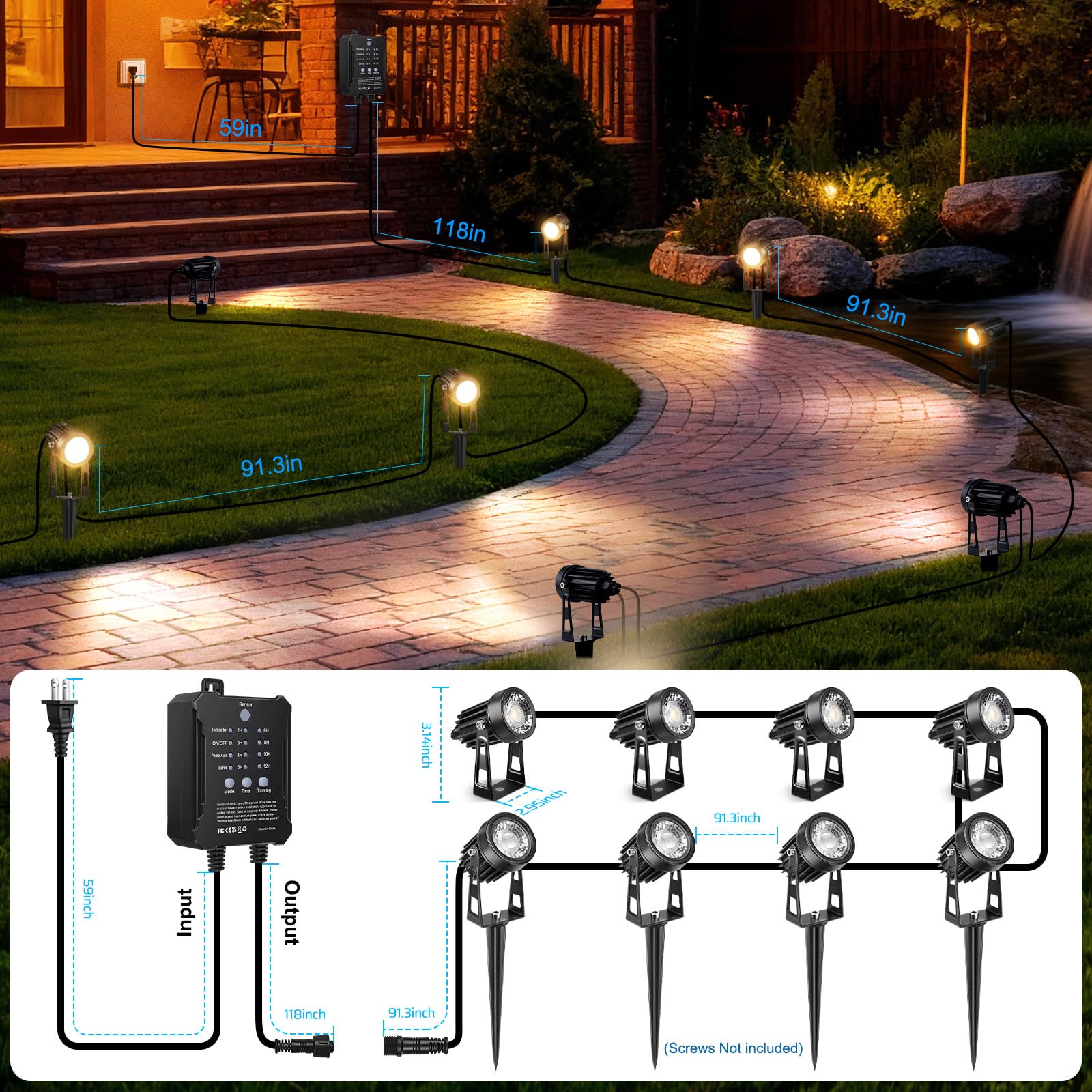 LightingWill All-in-One Landscape Lighting Kit, 8 Pack Dimmable LED Spotlights, Waterproof, 24V, Warm White