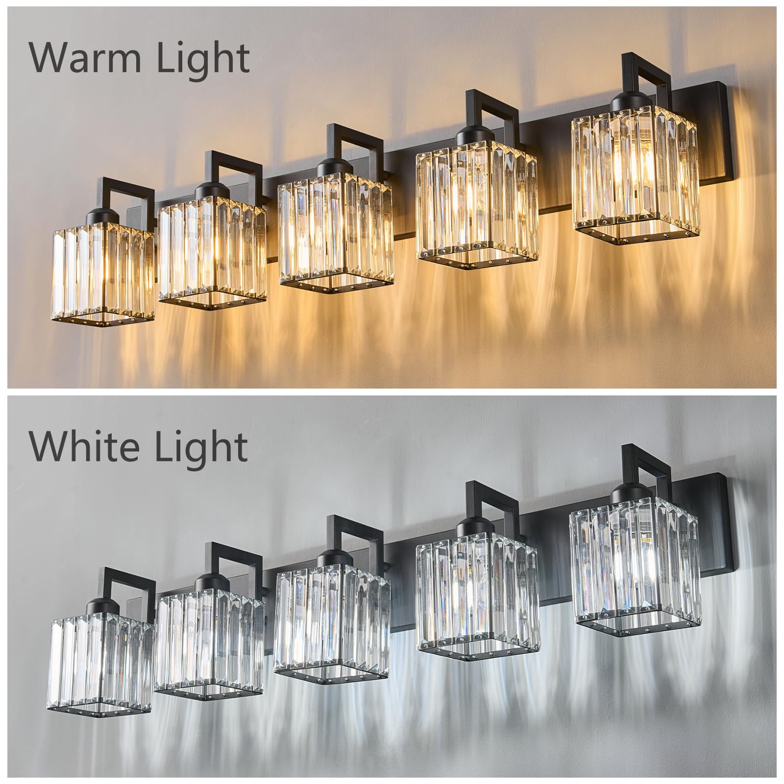 FDPBY Modern Crystal Bathroom Vanity Light - 5-Light Black Wall Lamp, Metal, Model JW-003