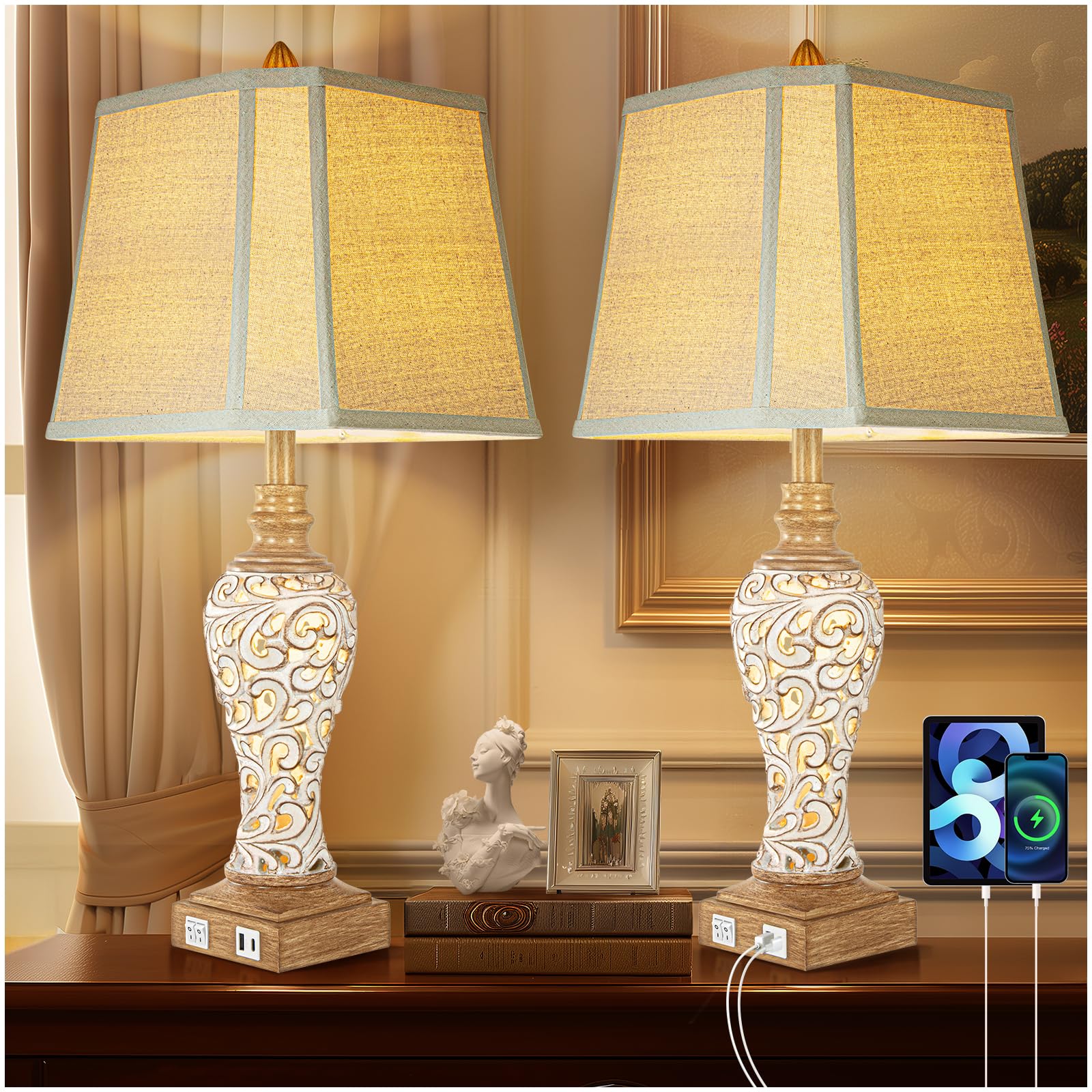 28.5'' Rustic Table Lamp Set of 2 For Living Room Farmhouse Lamps for Bedroom, Bedside Lamps with Night Lights And USB C+A Charg