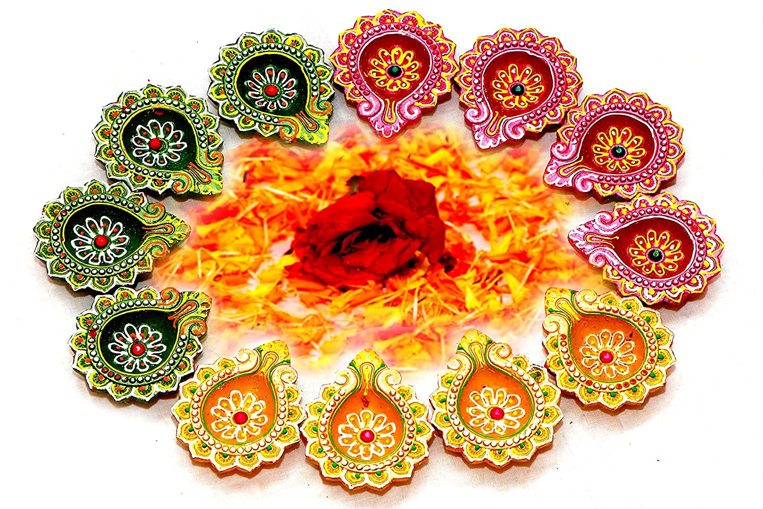 The Crafts Clay 12 Diyas Diya Deepak Earthen Assorted Colorful Set - Diwali Decoration Puja - Handpainted Diya for Home Indoor O