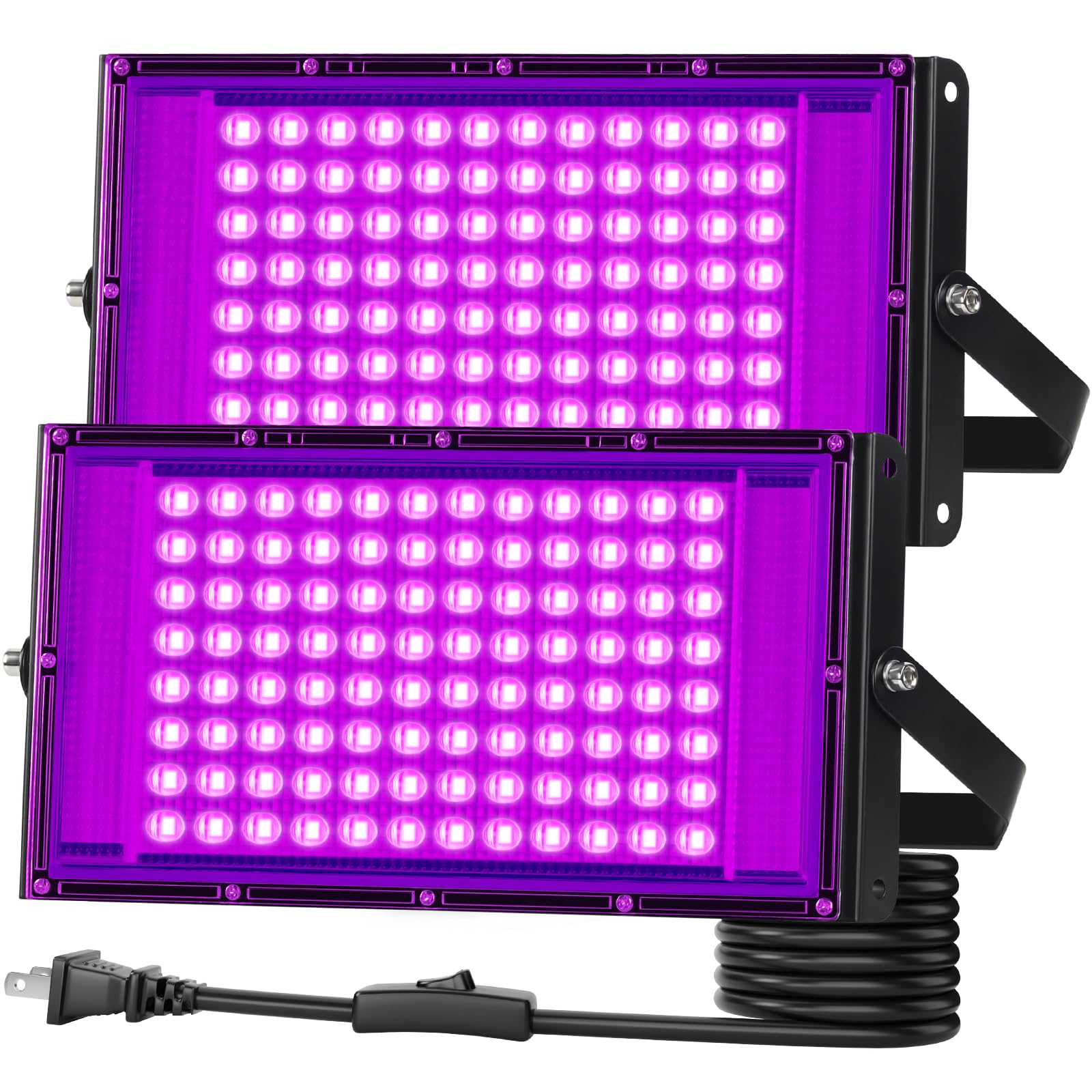 2 Pack 100W Black Light IP66 Waterproof with 6ft Plug+Switch  Outdoor Blacklights Floodlight Lights for Glow in The Dark Party  Halloween  Fluorescent Poster  Birthday  Neon