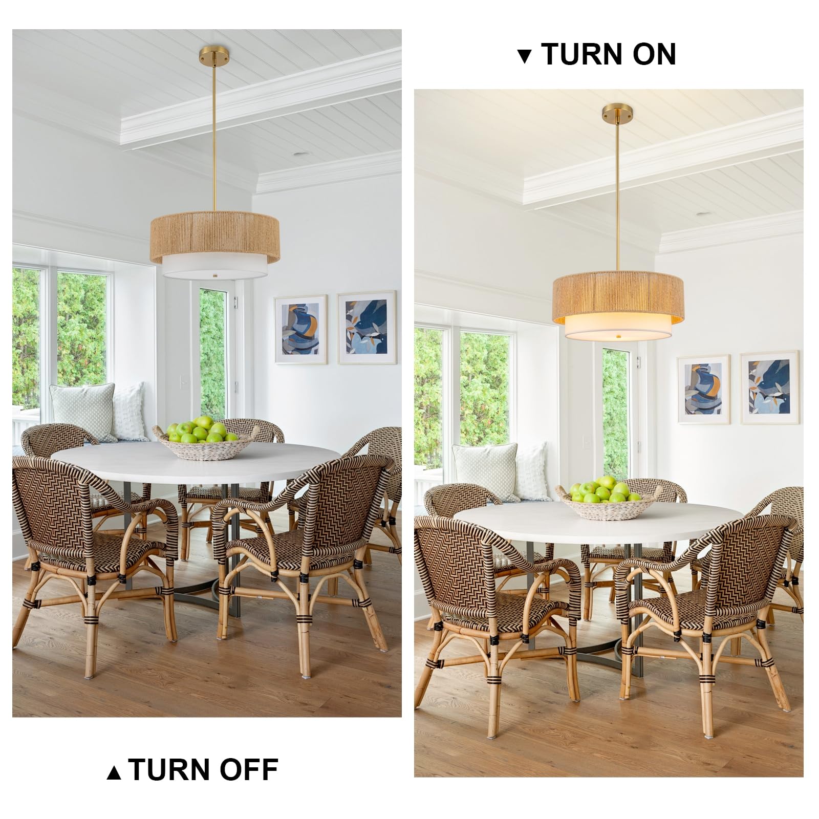 SineRise 18'' Rattan Chandelier, 3-Light Boho Pendant Light Fixture, Gold Fabric Shade for Dining Room, Bedroom, Kitchen and Hallway