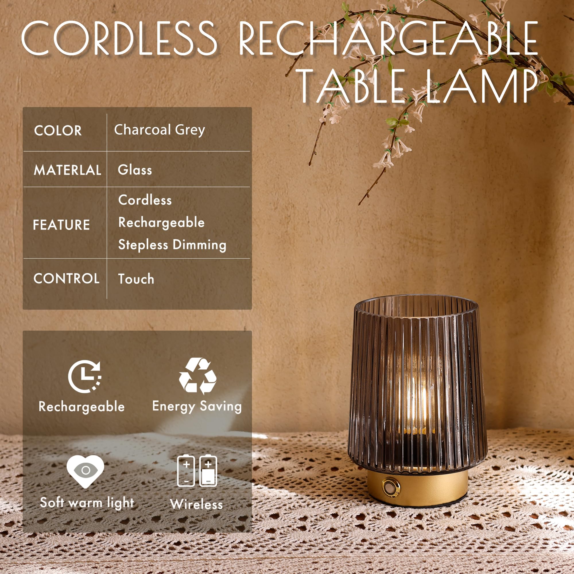 Ularoom Cordless Lamp Rechargeable Battery Operated Lamp, Glass Small Table Lamp - Portable Dimmable Brightness Touch Wireless B