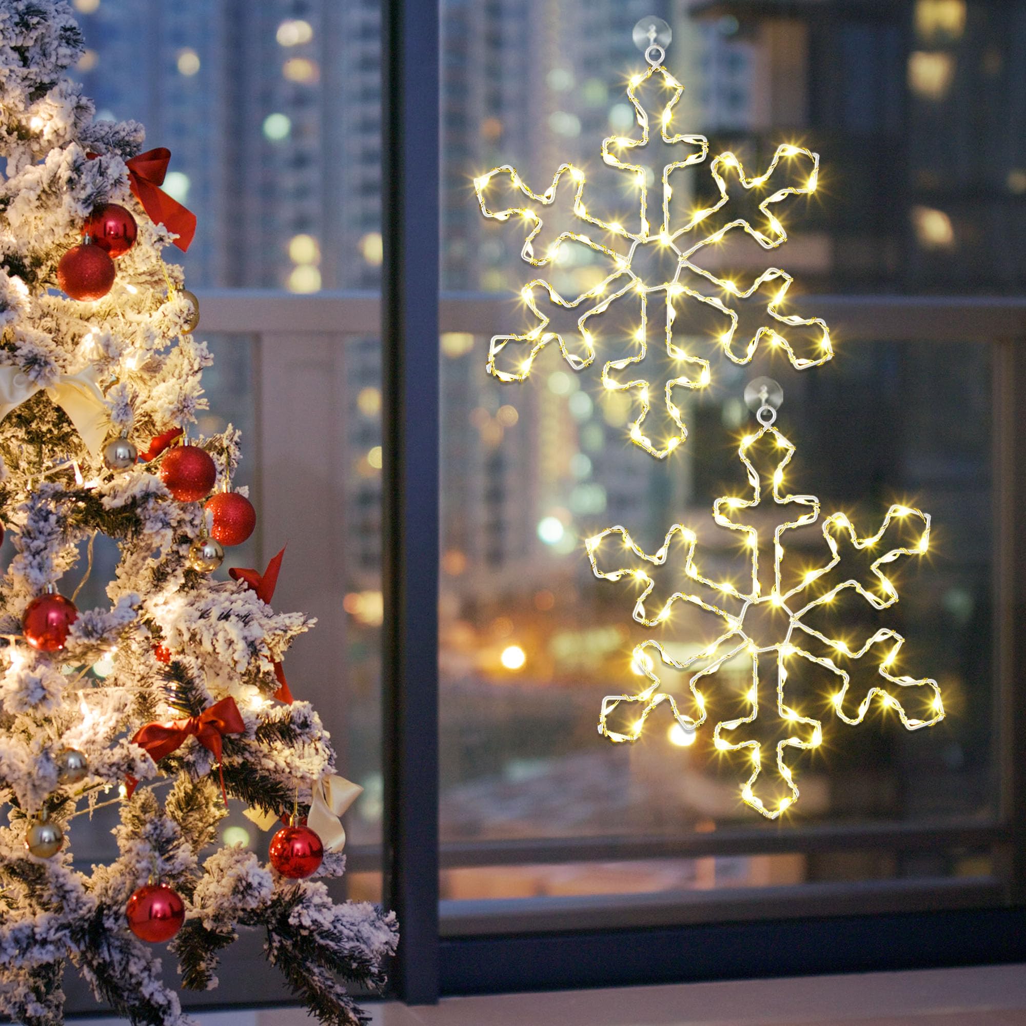 Hiboom 2 Pack Christmas Window Silhouette Lights, 70 LEDs Snowflake Light 12 Inch Snowflake Lighted Decorations Battery Powered