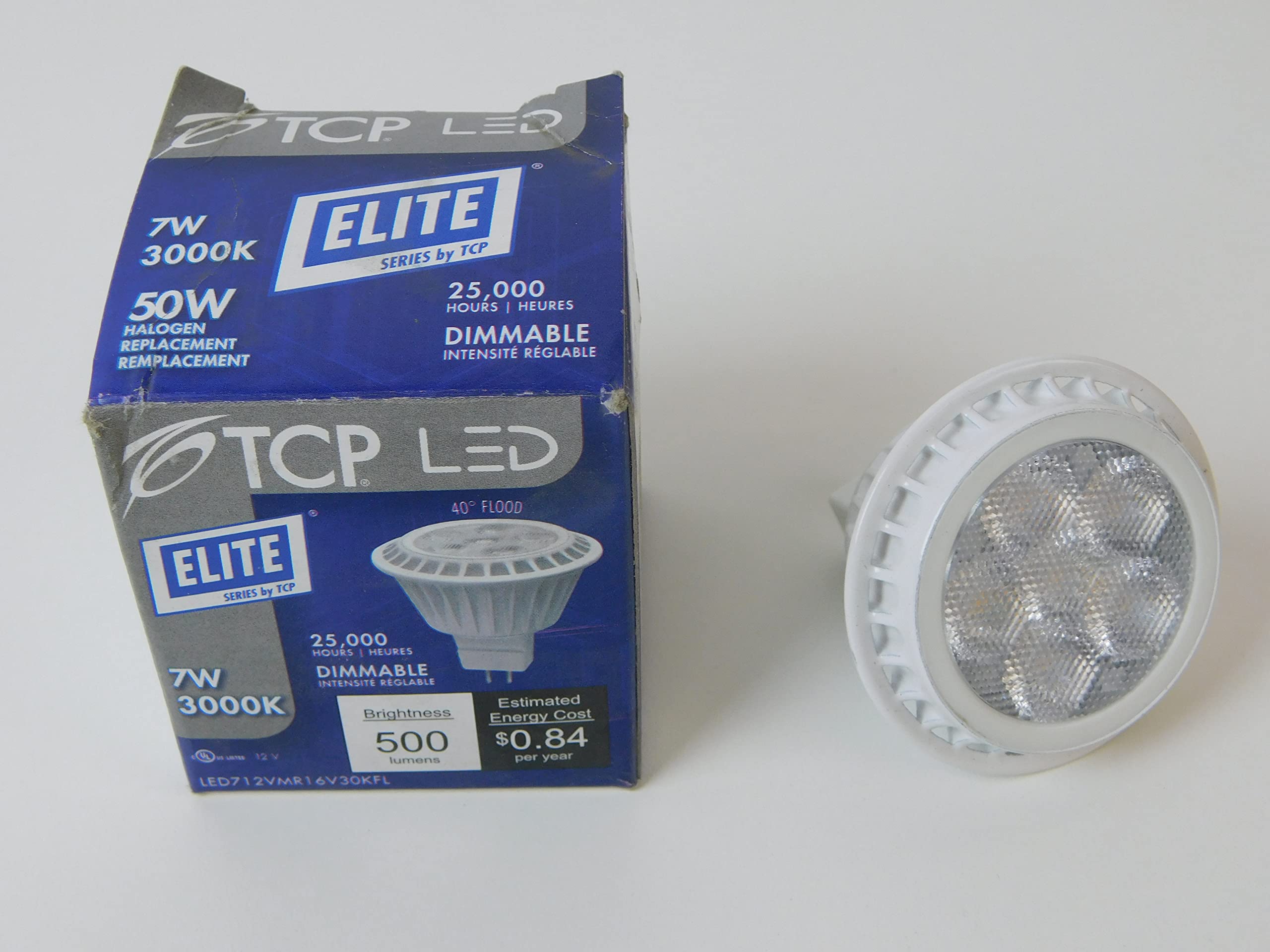 TCP MR16 LED Lamp 7W 500 Lumens 82 CRI 3000K Halogen White 2-Pin GU5.3 Base Model LED712VMR16V30K
