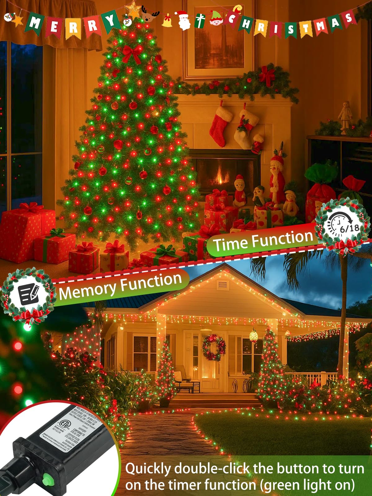 SANJICHA 2 Pack Christmas String Lights, 66FT 200 LED, Waterproof, 13 Modes, Timer, Red and Green