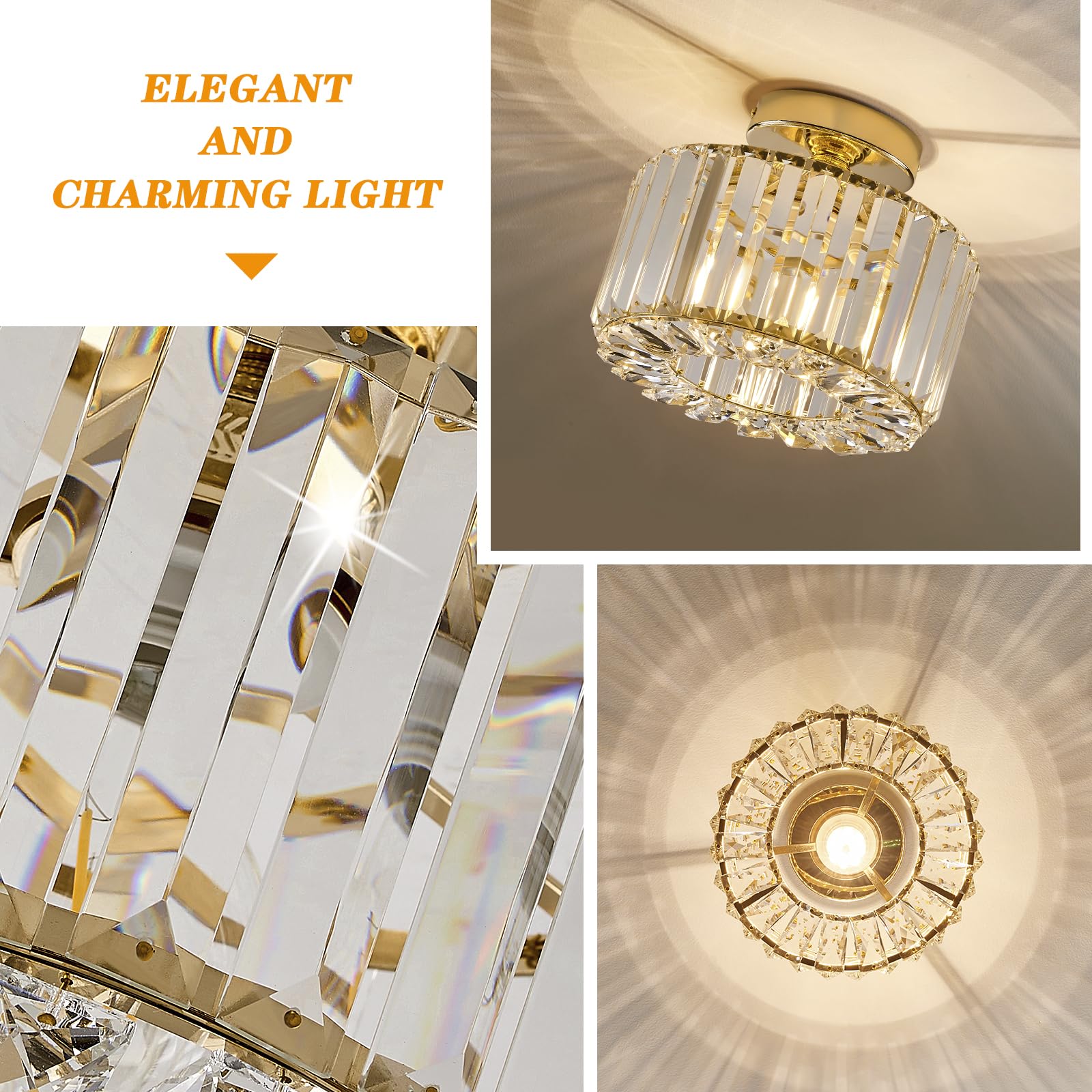 Buxvrcs Crystal Ceiling Light Fixture - Semi Flush Mount Chandelier, Gold, Medium, Model Sjd-12B, Perfect For Kitchen, Bedroom, Bathroom