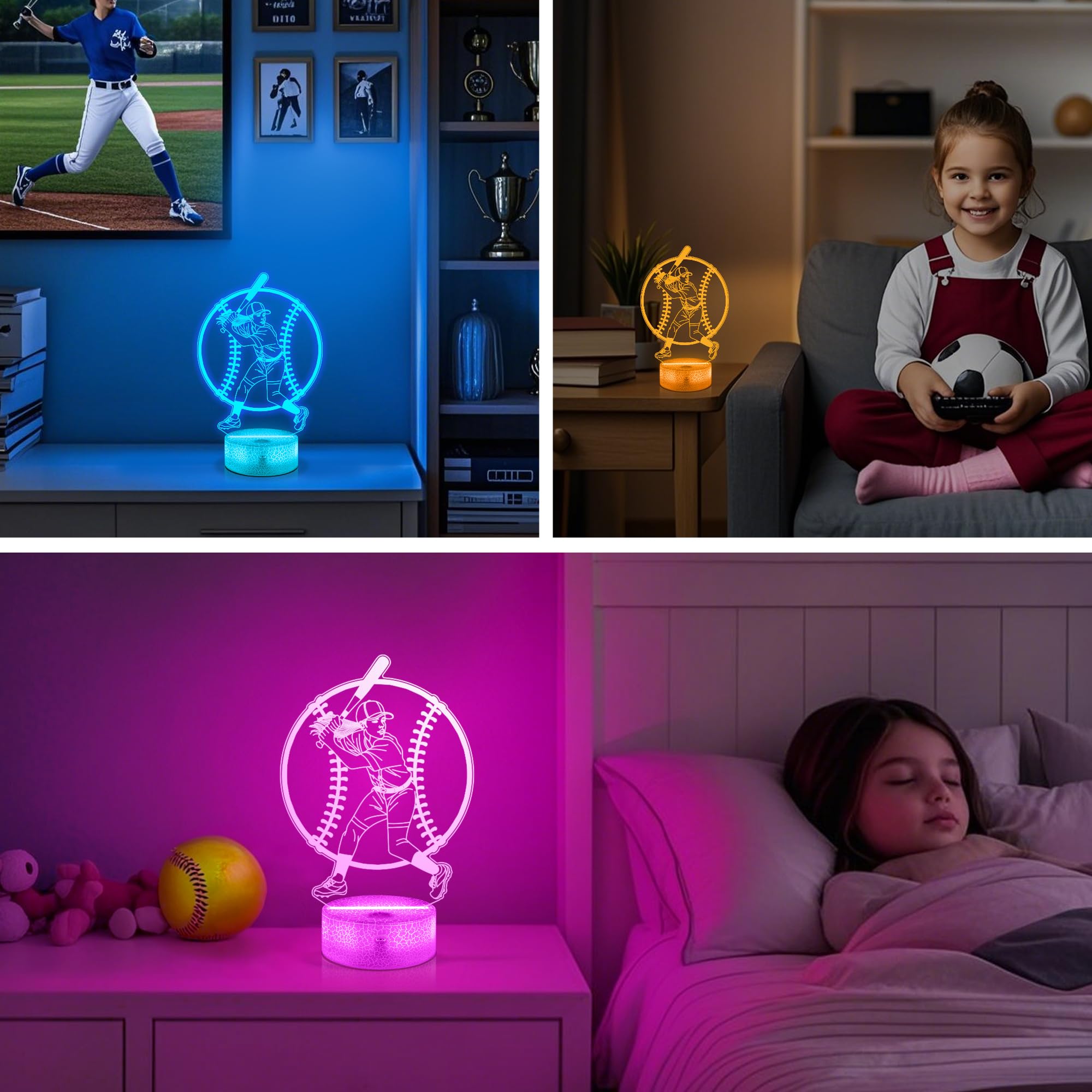 OkiyiD Softball Night Light 3D Illusion Lamp, Remote Control, 16 Colors, Model FS-2810-9999, Acrylic, Color8