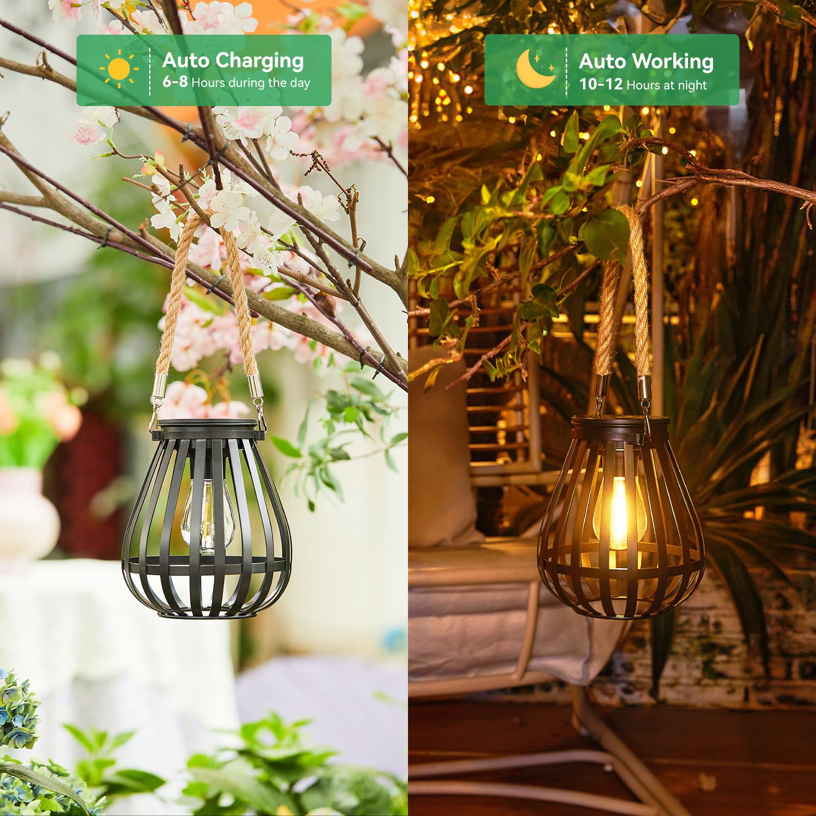Bonlion Hanging Solar Lanterns Outdoor Waterproof, Bright And Warm Lighting Solar Lantern Up To 12 Hours, Premium Metal Outdoor