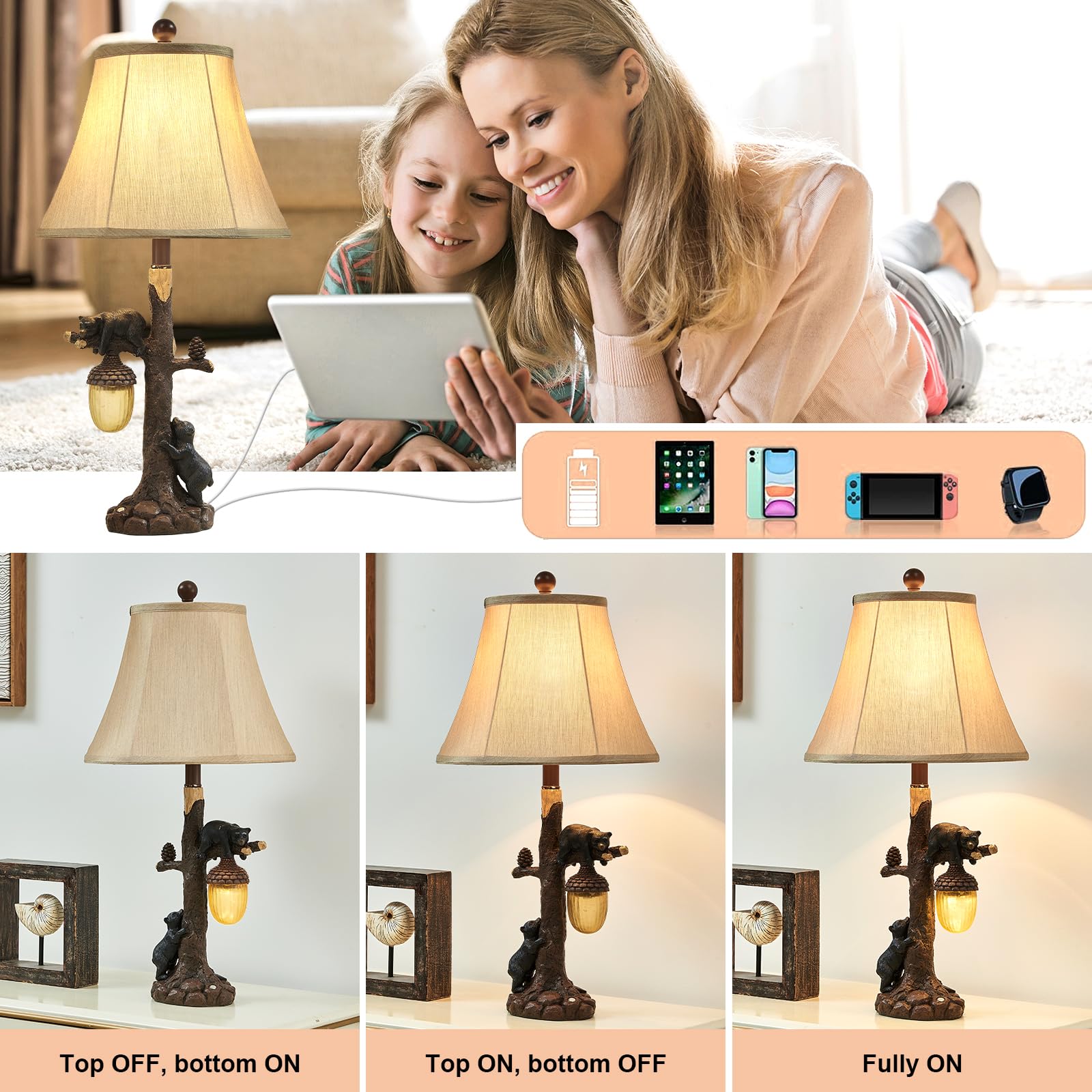 LOKHOM Rustic Bear Table Lamp Set of 2, 26" Touch Control, USB & Type C, Brown Resin for Bedroom, Living Room, Office