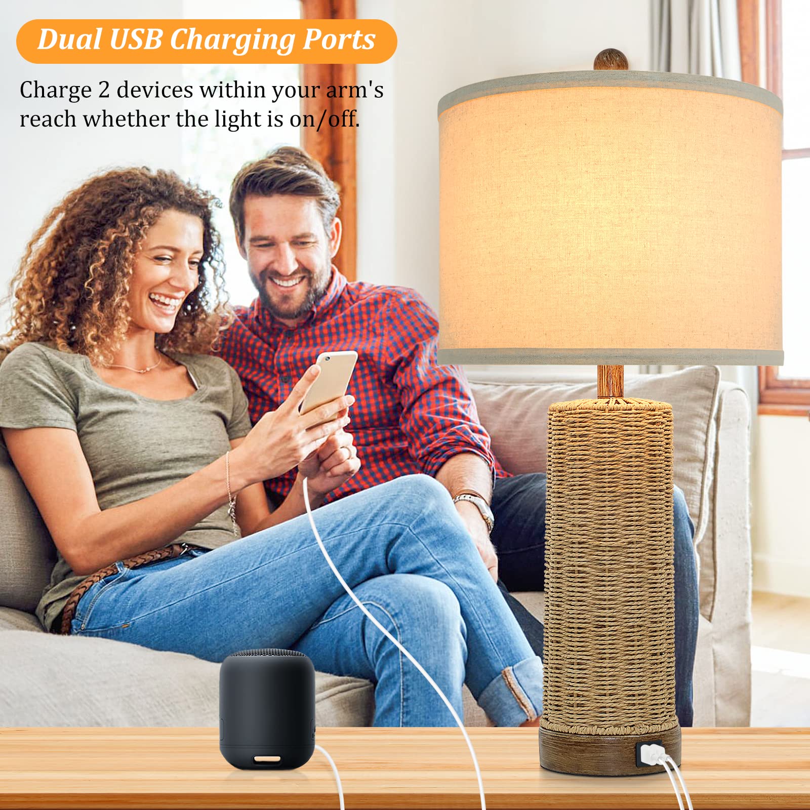 Beslowe Coastal Table Lamps Set Of 2 With Usb Ports, Rattan Nightstand Lights For Bedroom