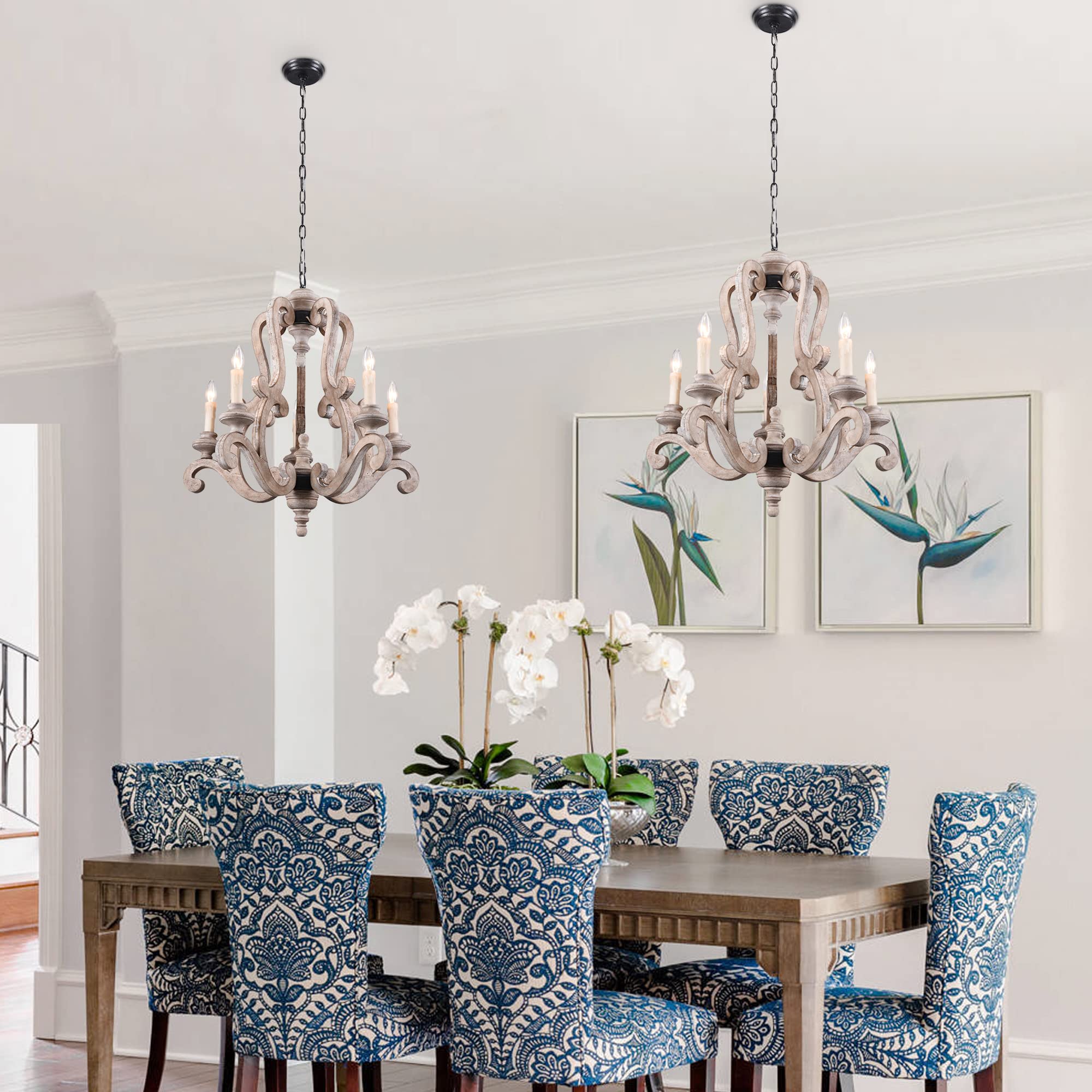 Chords Attic Farmhouse Weathered Wood Chandelier, French Country Empire Pendant Lighting Fixture With 5 Candle Lights, Adjustable Chain, For Kitchen, Dining Room, Foyer, Hallway Etc