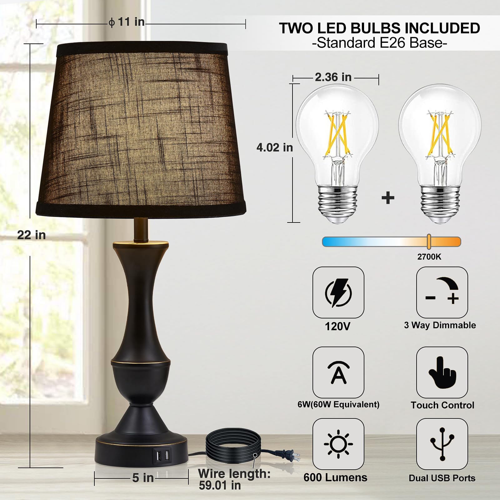 Luvkczc Black Touch Table Lamps Set Of 2, 22 Tall, Usb Charging Ports, Metal, Led Bulb Included
