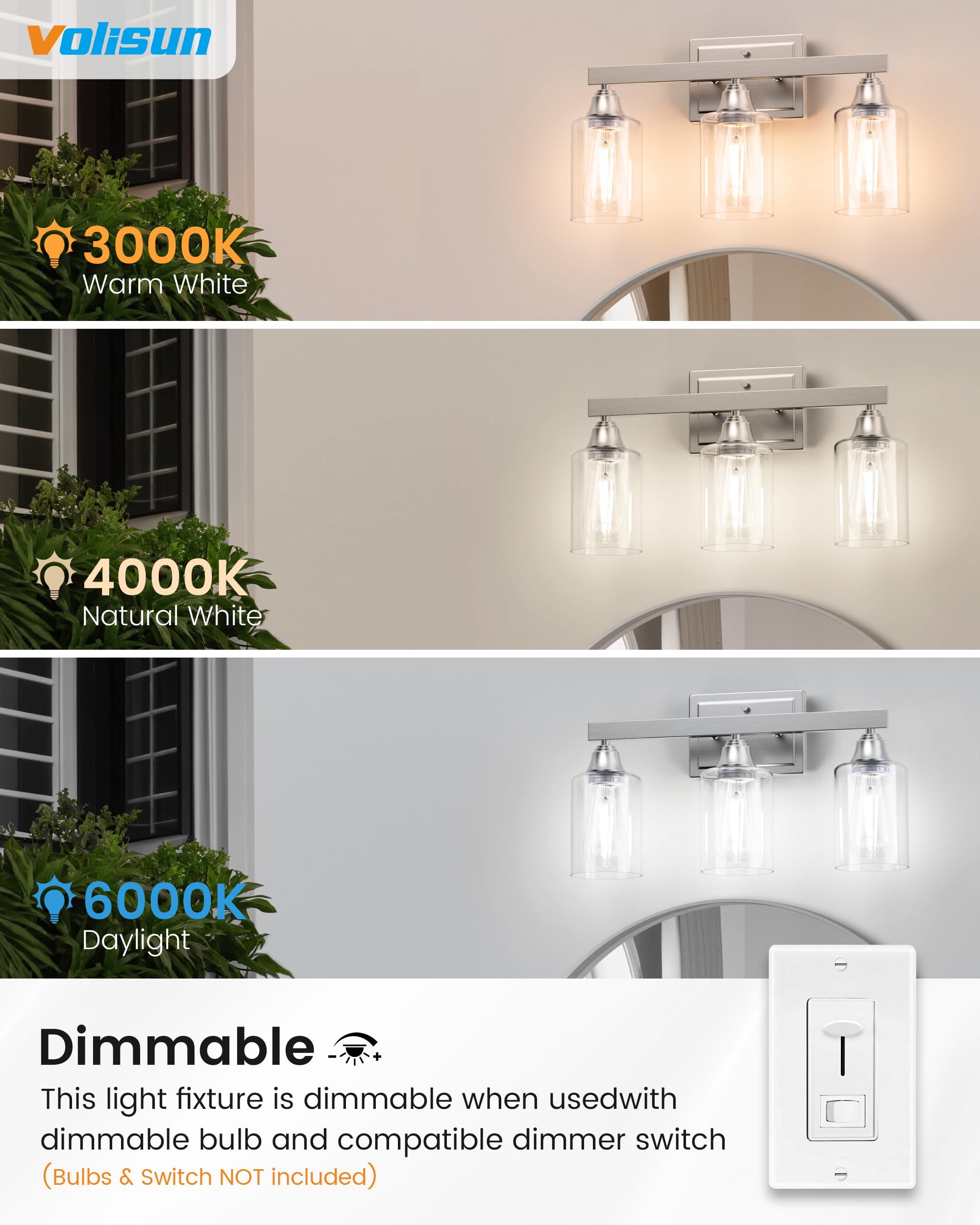 Volisun 3-Light Bathroom Light Fixtures, Brushed Nickel Bathroom Vanity Light Over Mirror, Modern Vanity Light For Bathroom, Bat