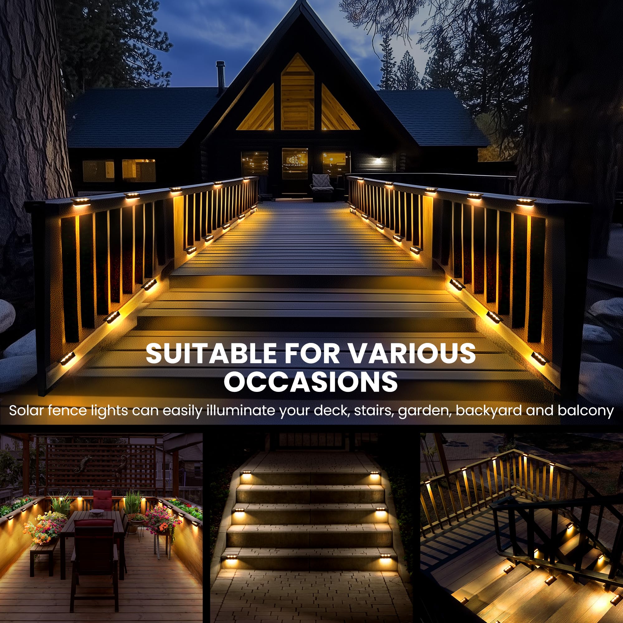 SOLPEX Solar Fence Lights, Waterproof 12 Pack, Warm White, 6 LEDs, Brown, Outdoor Step and Stair Lighting