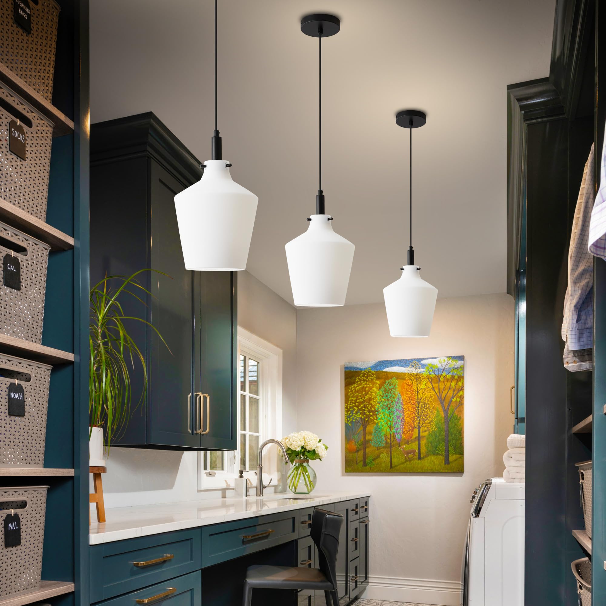 Vaziden Modern Milk Glass Pendant Lighting For Kitchen Island, Farmhouse Black Pendant Light Fixtures 1 Pack, Adjustable Hanging