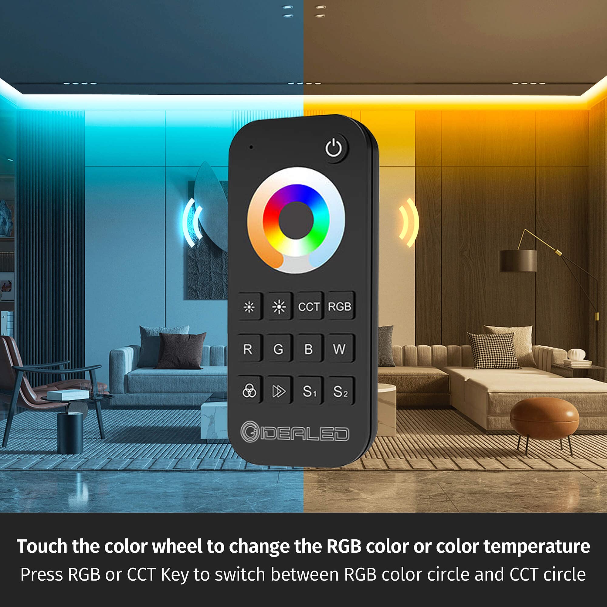 GIDEALED 2.4G Wireless LED Controller with RF Remote, RGBWW/RGB Color Changing, DC12V-24V, Plastic Material