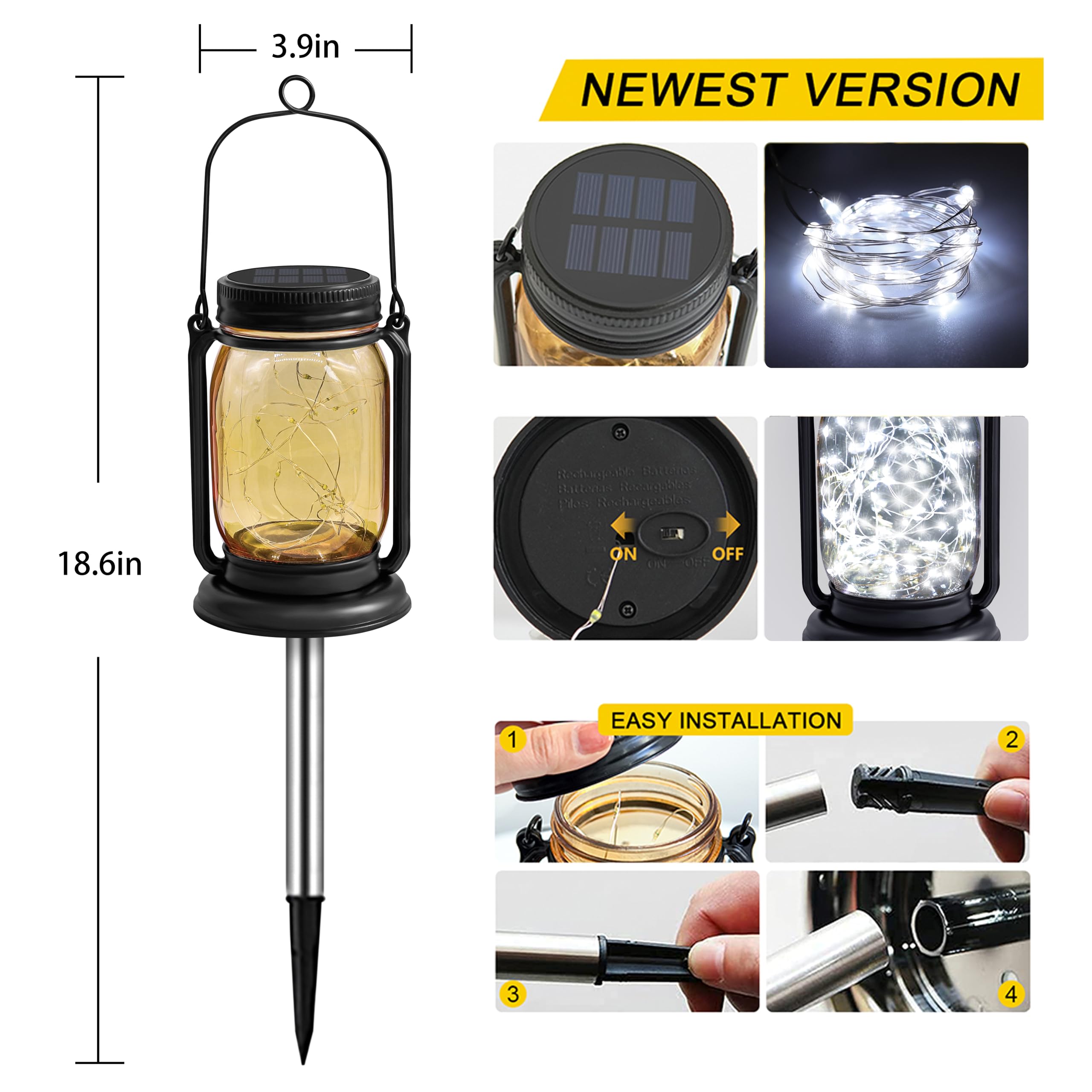 YJFWAL 4 Pack Hanging Solar Lantern Lights, Vintage Glass Mason Jar, Cool White, Waterproof Table Lamp for Patio, Model: fugu-cool white-4P