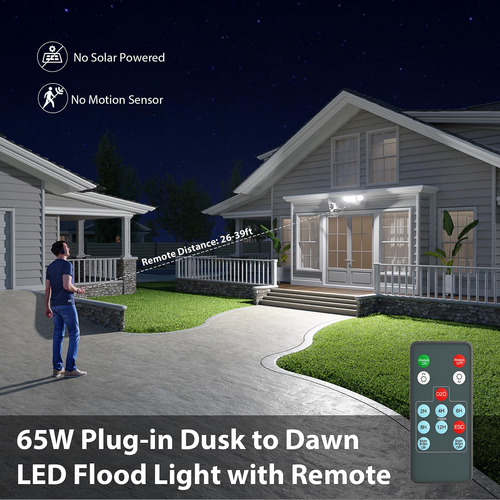 Imaihom 65W Dusk To Dawn Led Flood Light, 6500Lm, Waterproof, Remote Control, 3 Heads