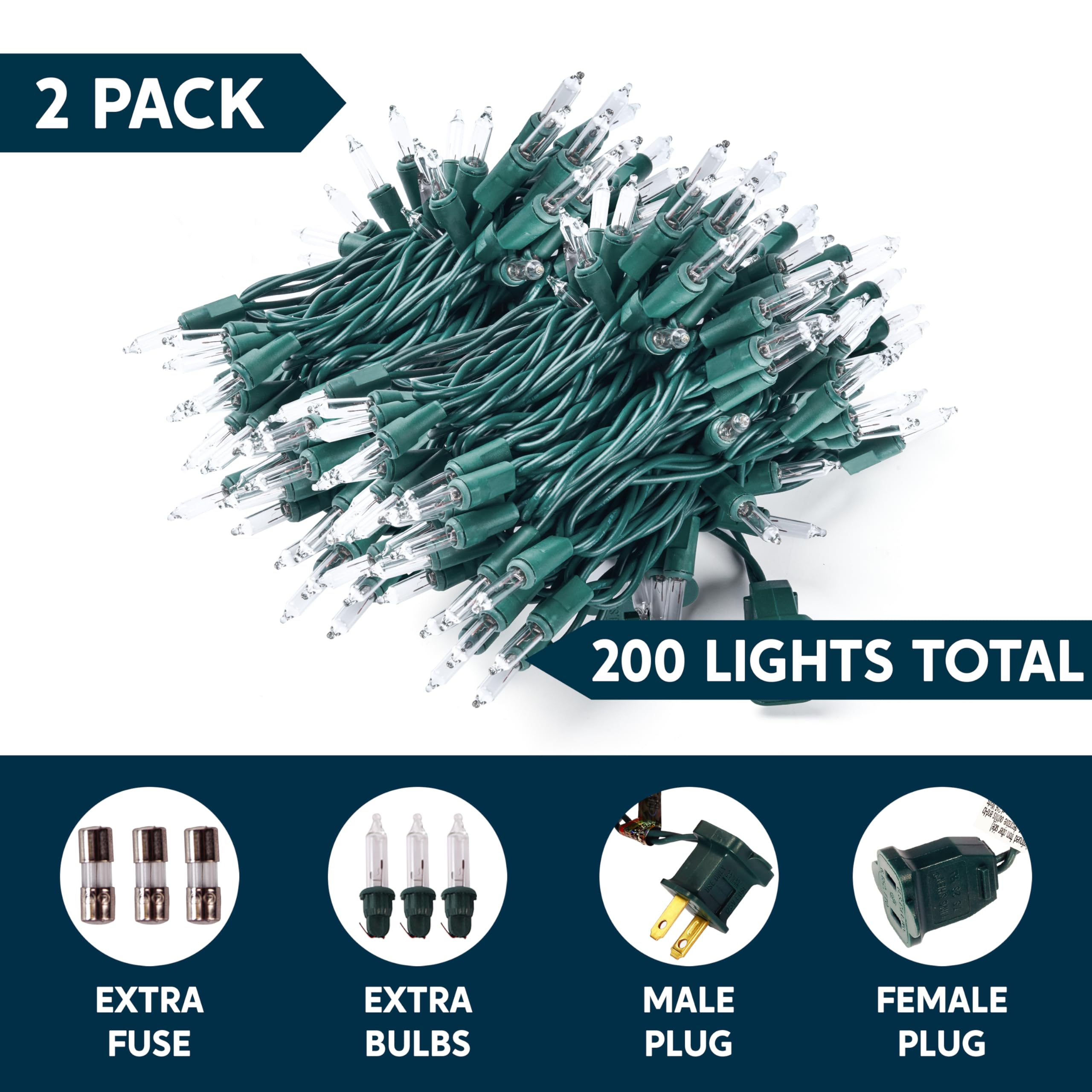 Joiedomi Clear Christmas String Lights, 200 Mini Warm White Fairy Lights, 43FT, Green Wire, Model HWO-100/2F