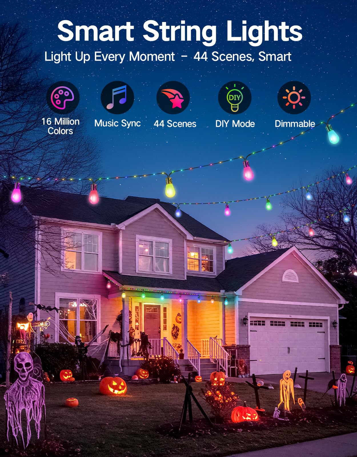 OUTON Outdoor String Lights, 46FT RGBAI Smart Festoon Lights Outdoor, Waterproof IP65, Remote & APP Control, Works with Alexa, G
