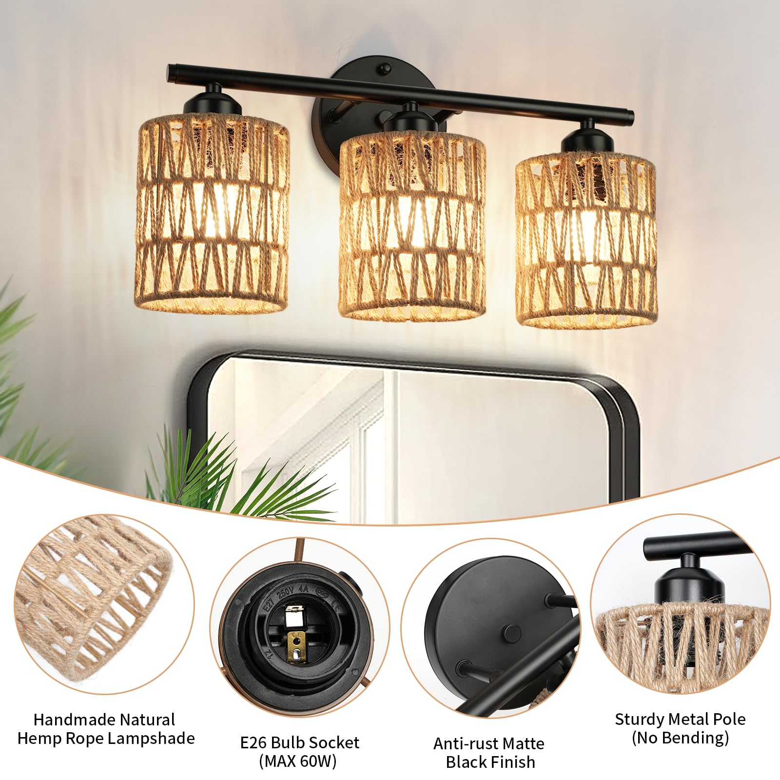 Frideko 3-Light Bathroom Vanity Light Fixtures, Modern Rattan Bathroom Lighting Fixtures Over Mirror, Boho Wall Sconces With Wov