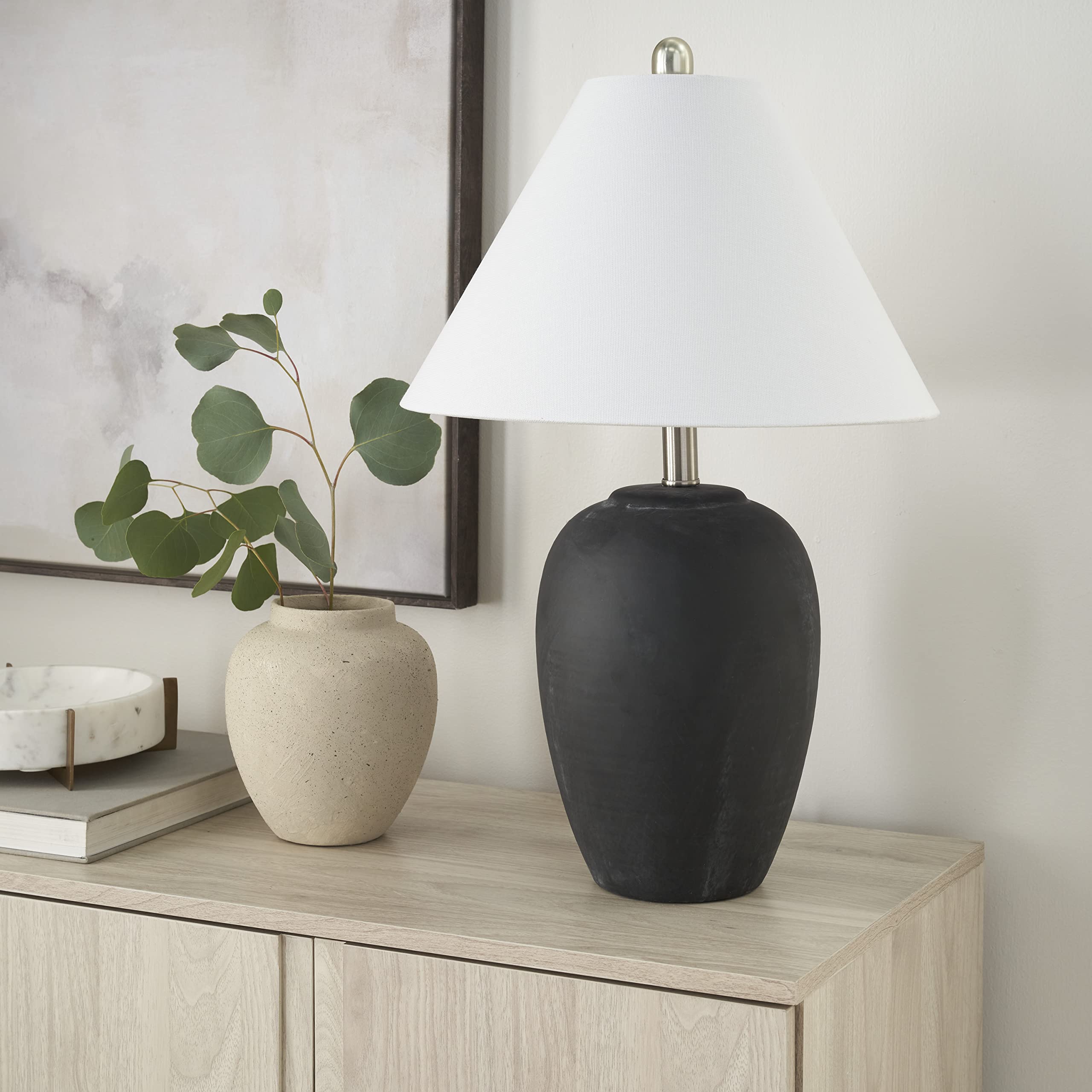 Nourison 23'' Black Vintage Distressed Ceramic Pot Table Lamp for Bedroom, Living Room, End Table, with White Conical Empire Sha