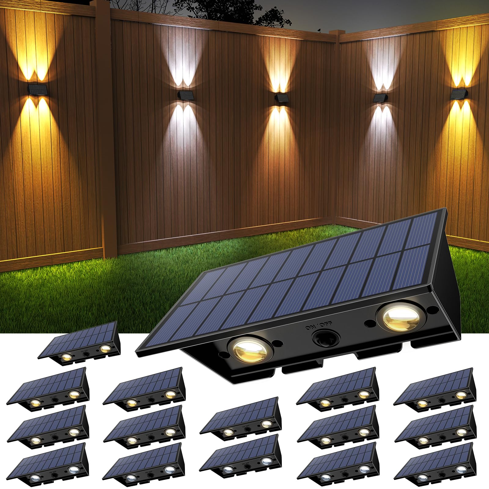 Solar Fence Lights,16Pack Solar Lights Outdoor 2700/4500/6000K 3 Mode Up & Down Solar Wall Lights Waterproof 100 Lumens Solar Po