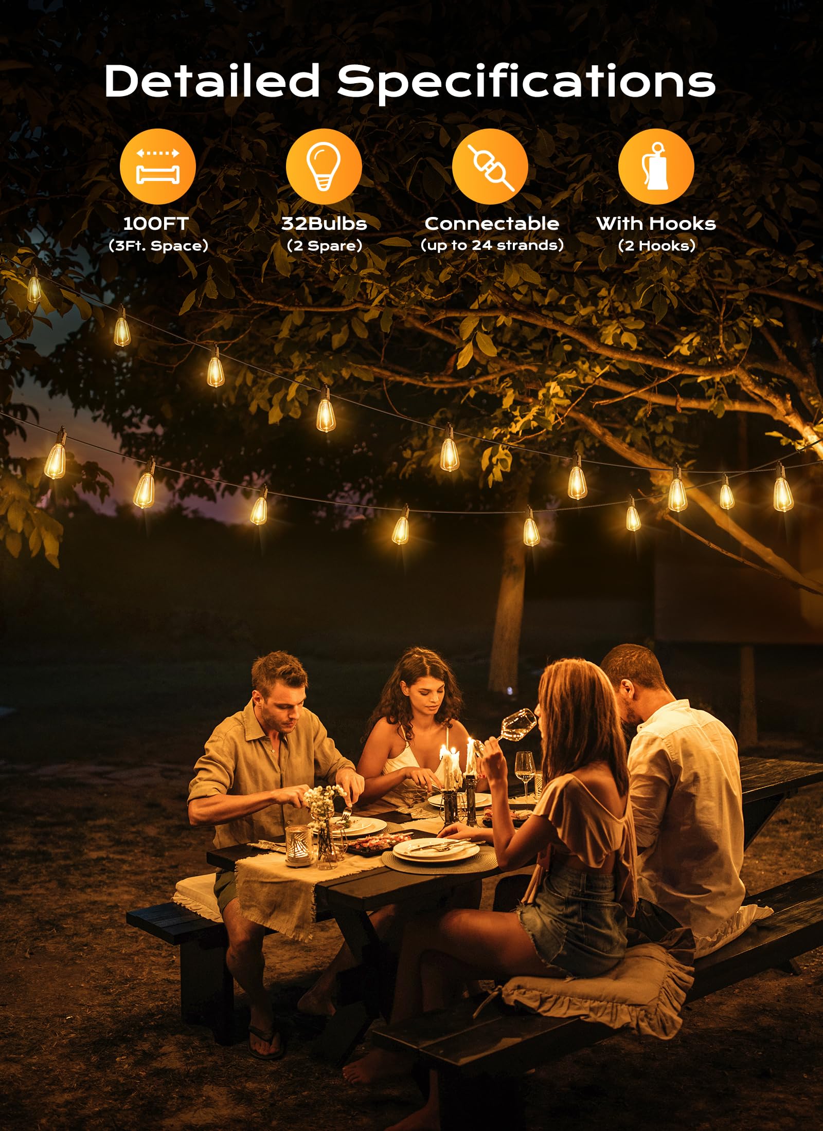 Brightown 100FT Outdoor String Lights, Shatterproof Dimmable LED, Waterproof Black Patio Lights for Backyard, Porch, Deck, Garden Decor