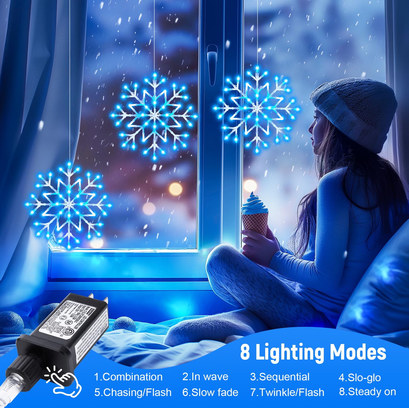 Brightown Christmas Snowflake Icicle Lights - 10.5ft 5 Drops, Blue & White, 240LED, 8 Modes, Outdoor/Indoor Decor