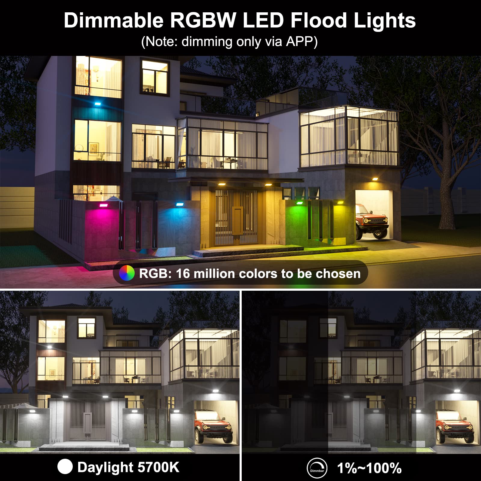 Flood Lights Outdoor Rgb, 500W Equivalent Smart Color Change & Daylight 5700K Landscape Light, Ip66 Waterproof Patio Lights Via App Control, Indoor Ambient Lighting, Diy Scenes/Music Sync/Timing-4Pack
