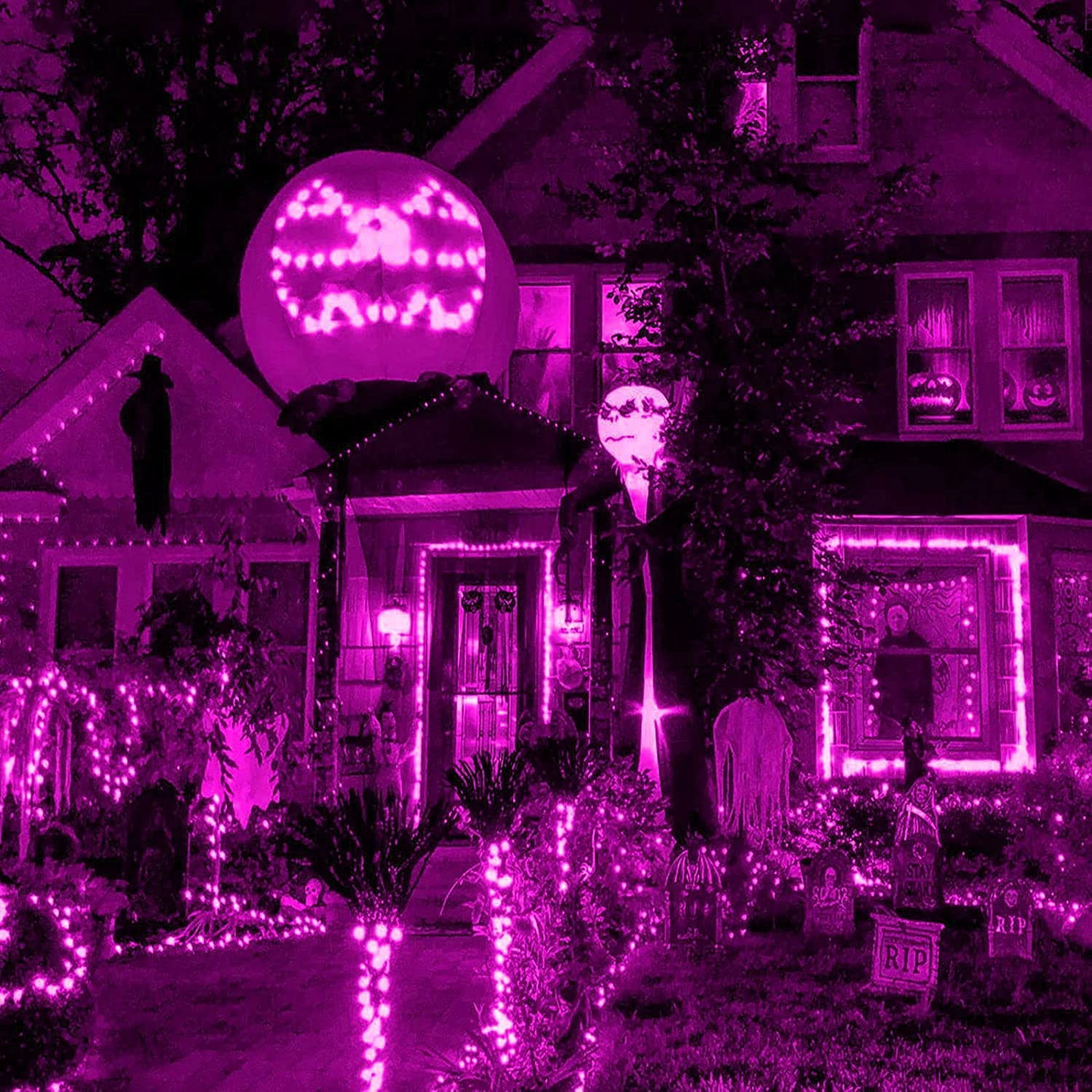 Halloween Lights Outdoor,100Led 5Ftx5Ft Purple Halloween Net Lights With Connectable, Waterproof ,Ul Certified And Durable Green Wire Design For Bushes,Trees,Halloween Decorations Outdoor(Purple)