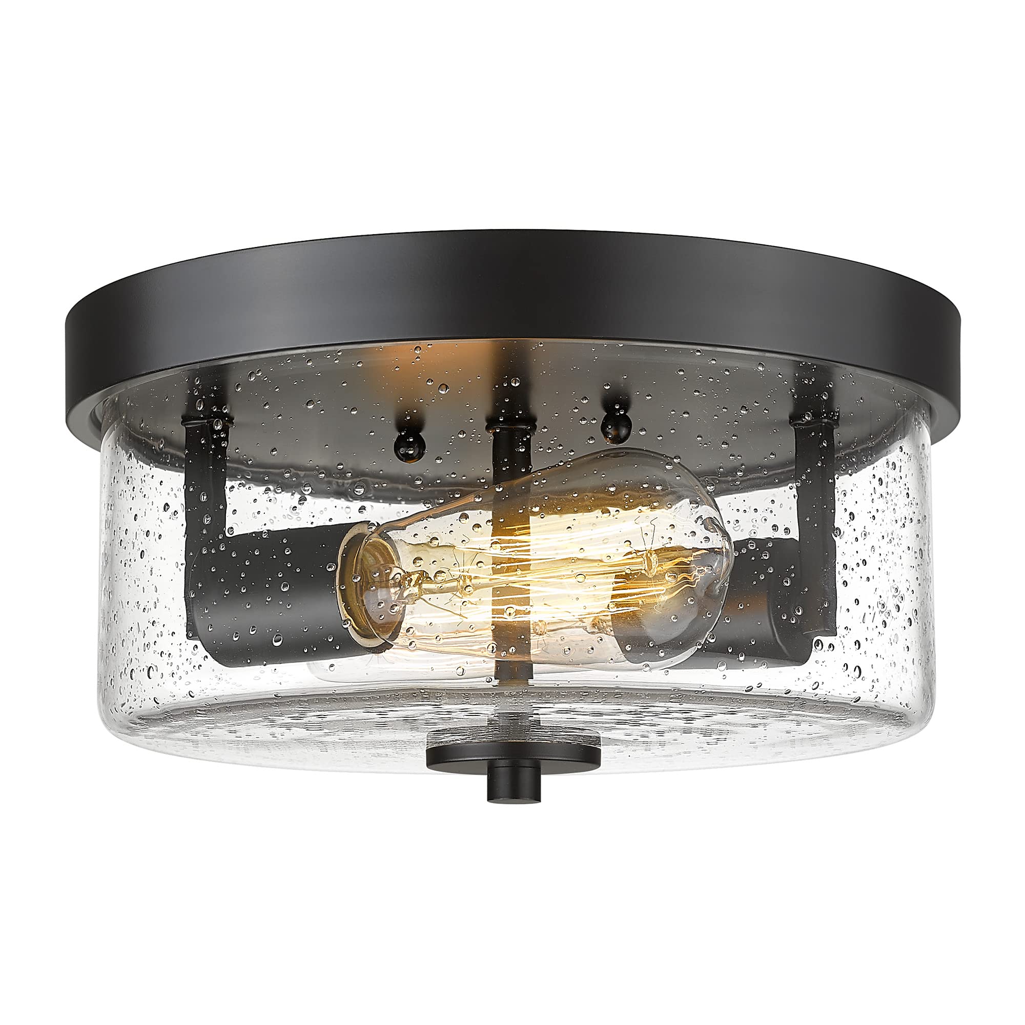 Emak Matte Black 2-Light Flush Mount Ceiling Light With Seeded Glass Shades, 11 Inch