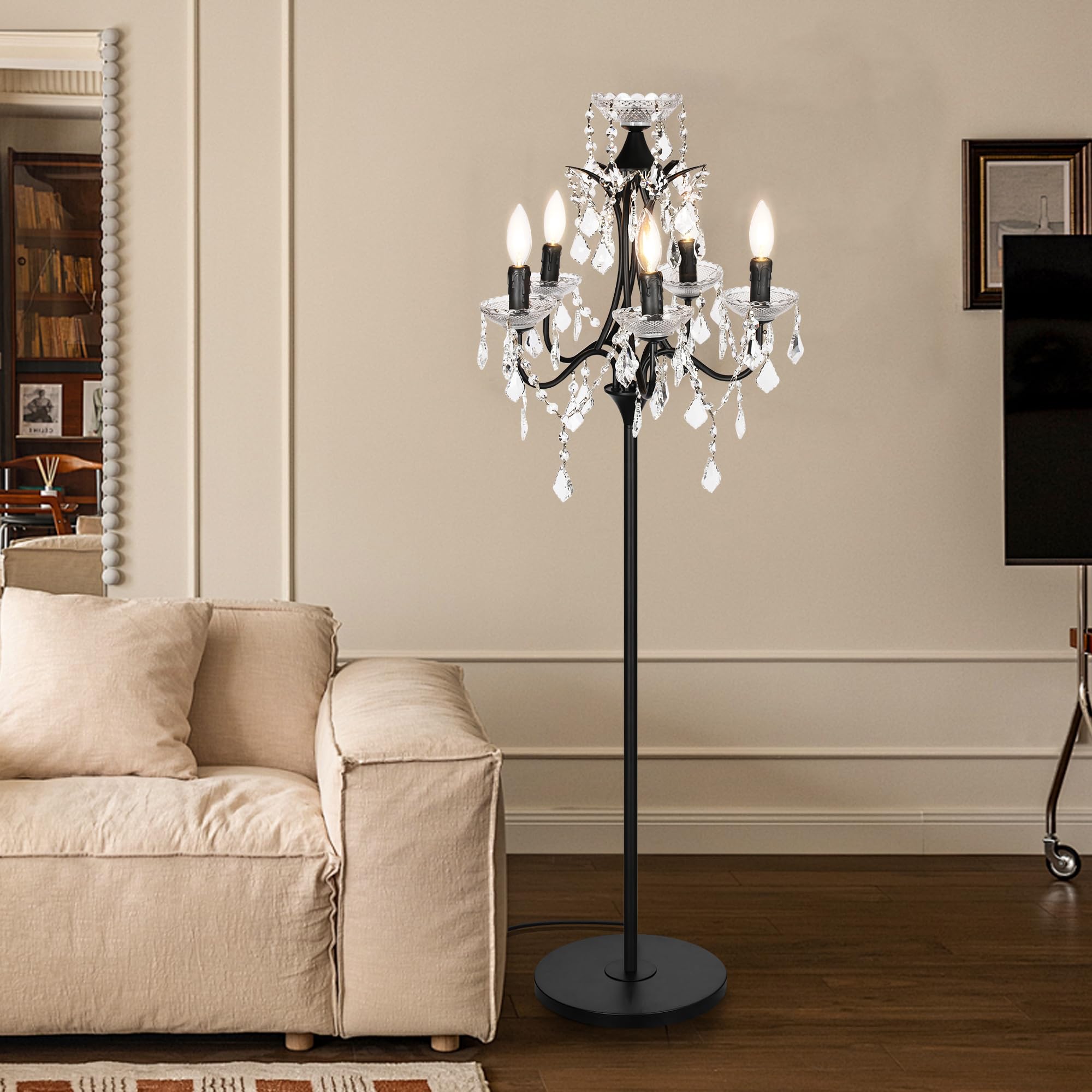 Obihivlo 5-Light Black Crystal Candelabra Floor Lamp, 65 Tall Antique Chandelier Floor Lamp with Black Accents & Foot Switch, St