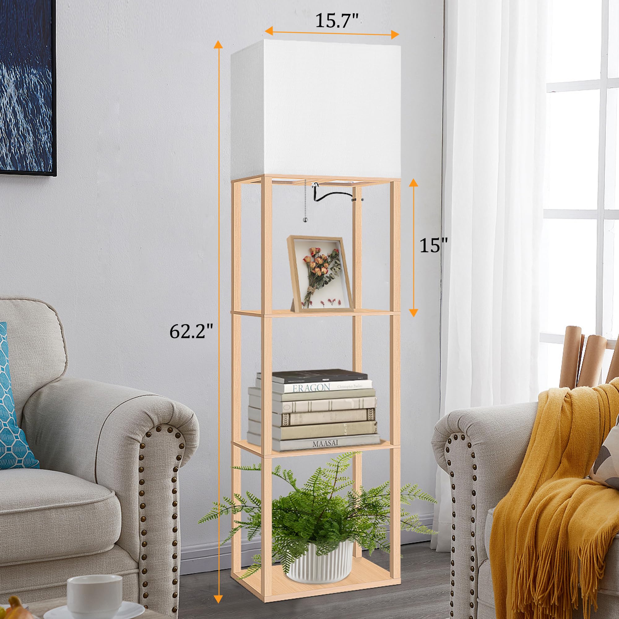 Dott Arts Floor Lamp with Shelves, 15.7in Wide, Wood, Burlywood, Model WLM1600-FLA-15W-11, 3 Color LED Bulb