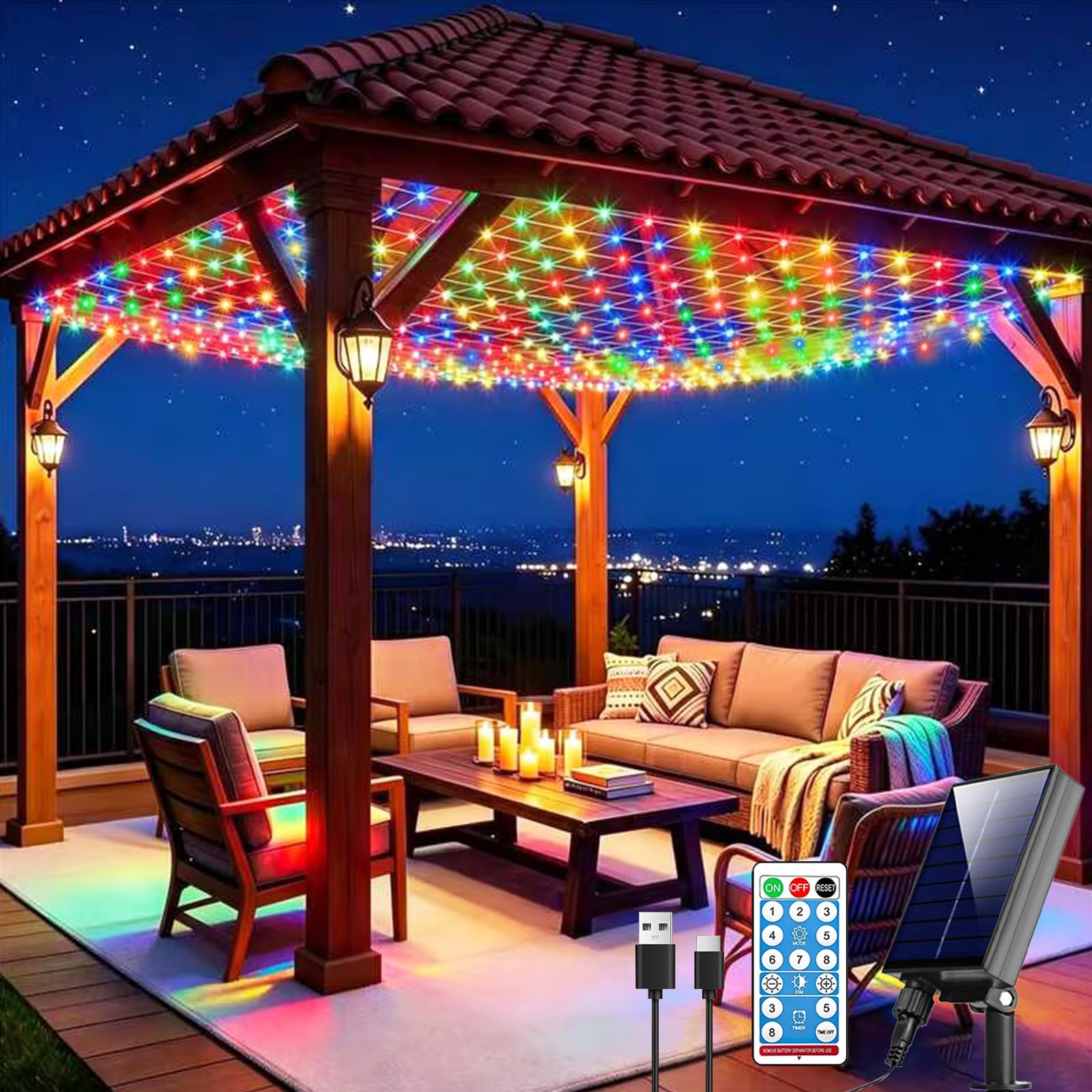Pooqla Solar Net Lights, 10x10ft 280LED Gazebo Net Lights Outdoor with 8 Modes, Solar & USB Powered Waterproof String Lights Cle