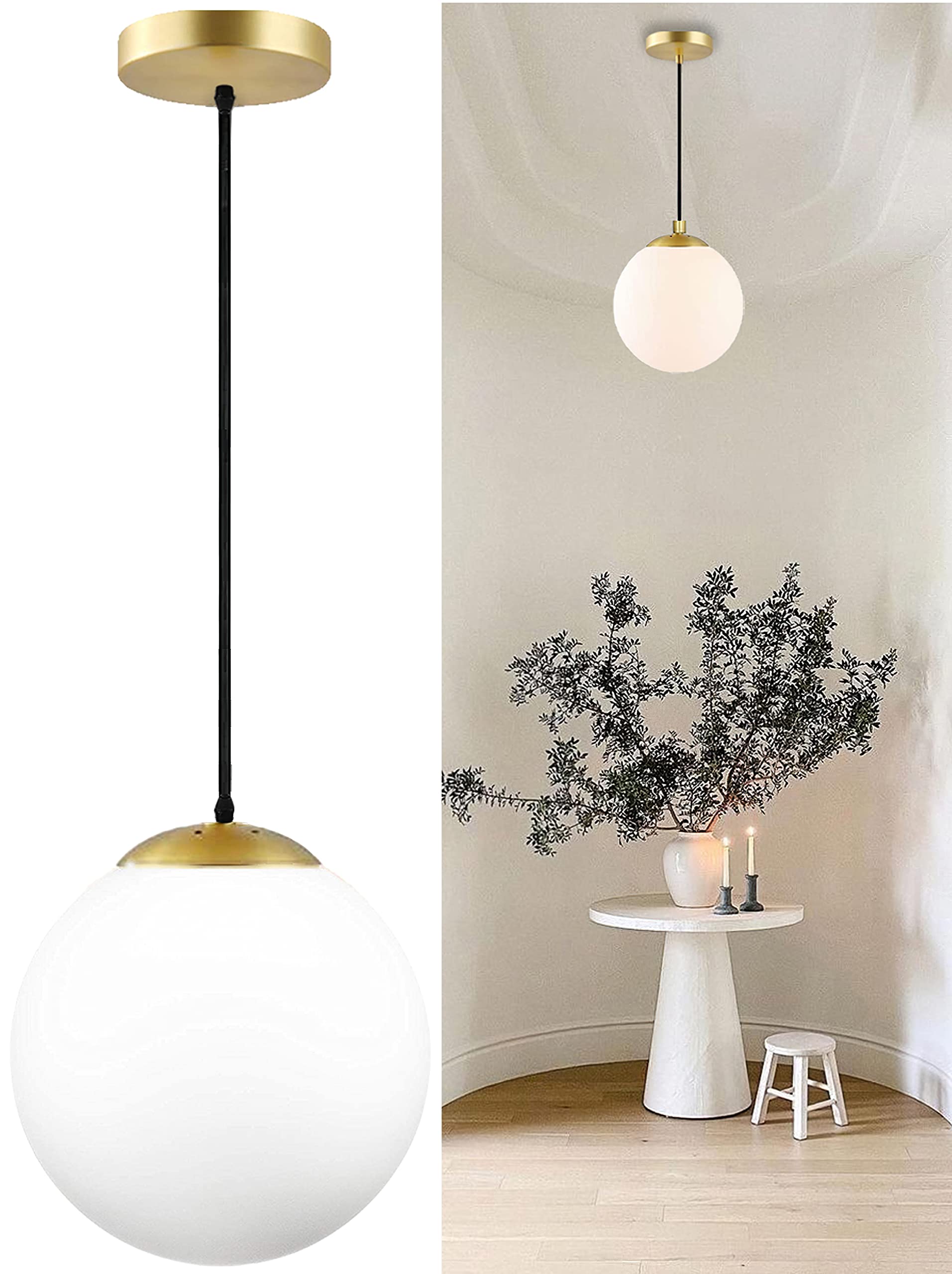 Koko&Yukina Modern Globe Pendant Light, Opal & Brass, 8&quot; Adjustable Fixture For Home Decor