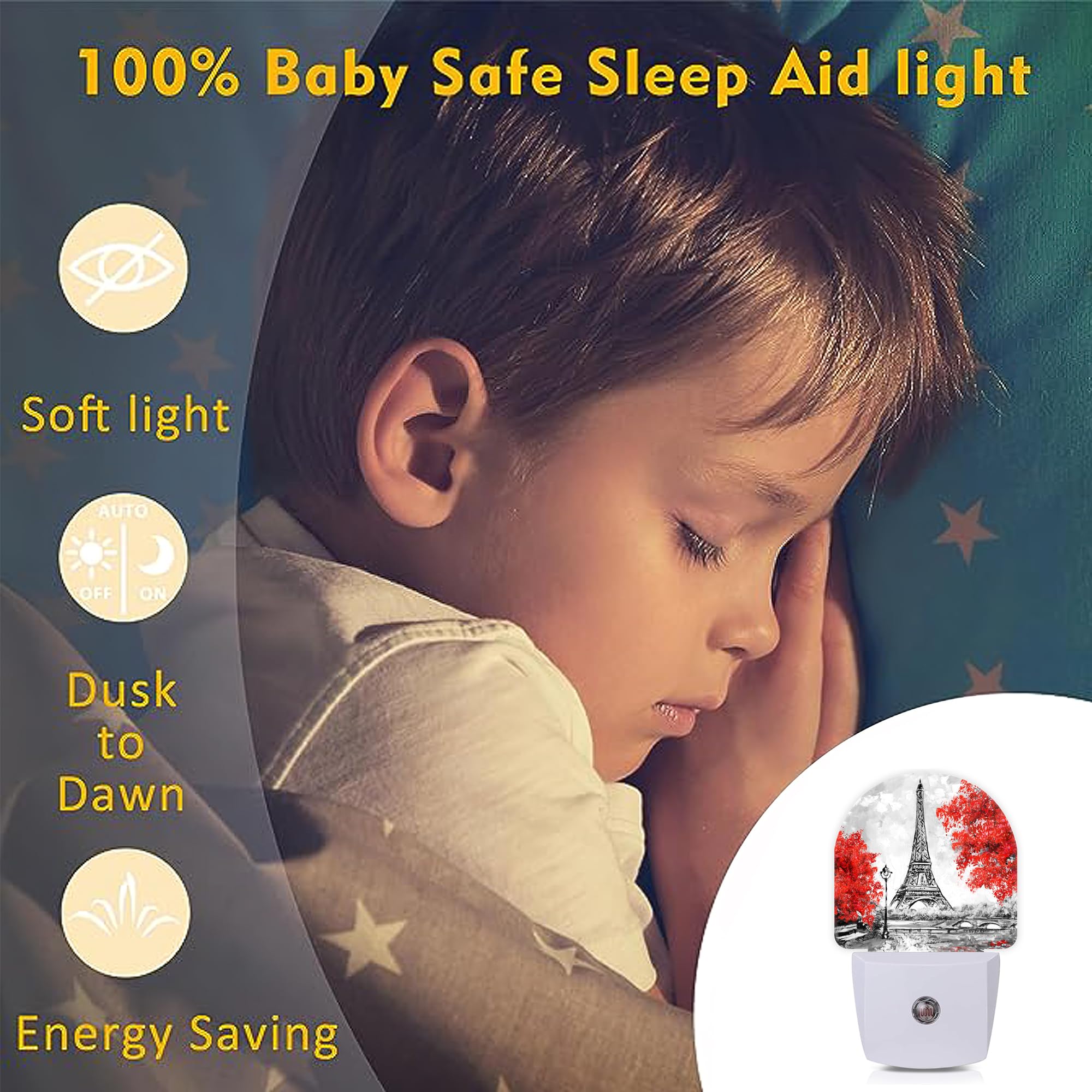 Axxitude LED Night Light - Eiffel Tower Paris Red Flower, Dusk to Dawn Sensor, Model SBD04, Perfect for Bedroom & Hallway Decor